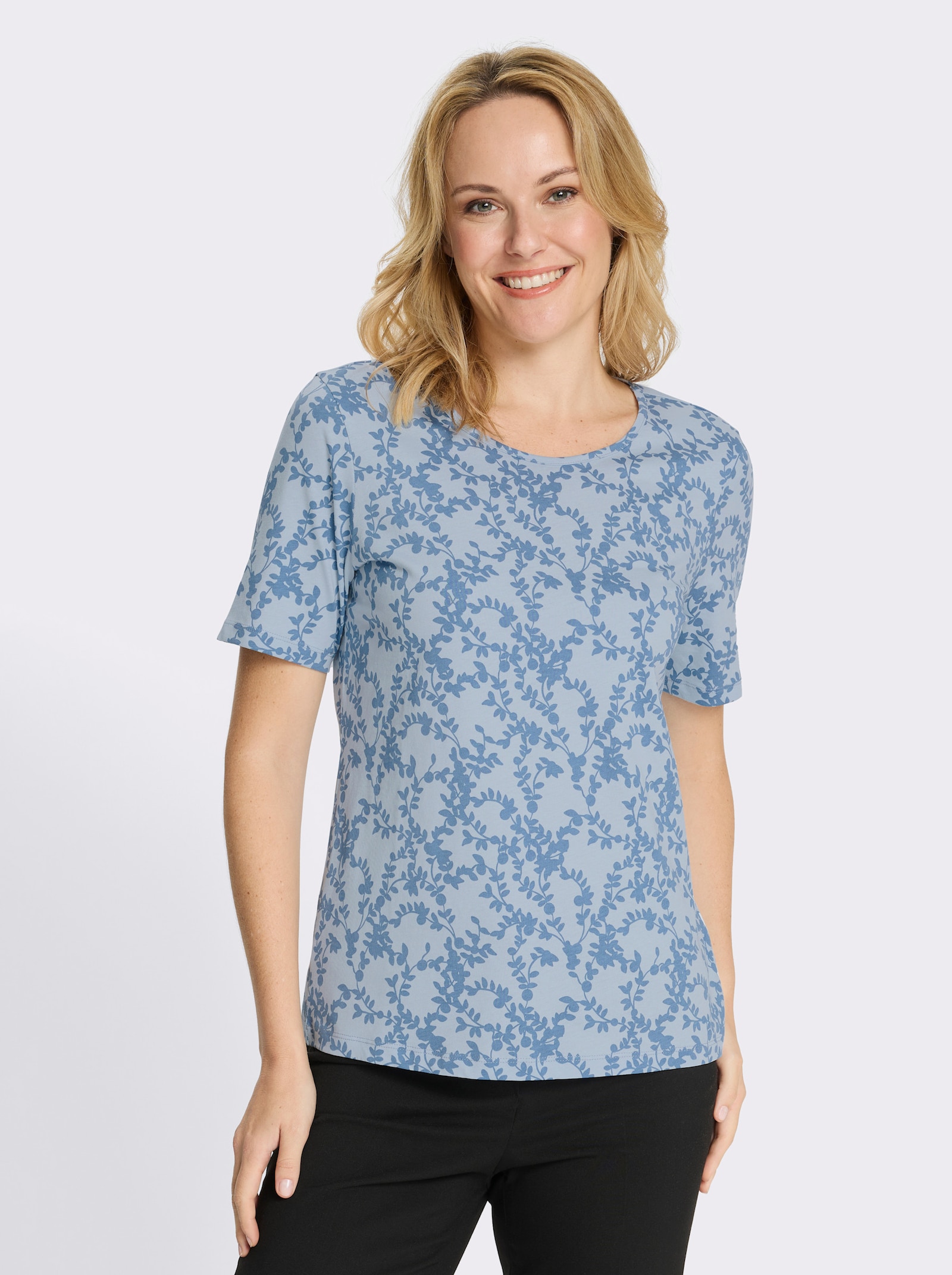 Kurzarmshirt mit floralem Muster - eisblau-himmelblau-bedruckt