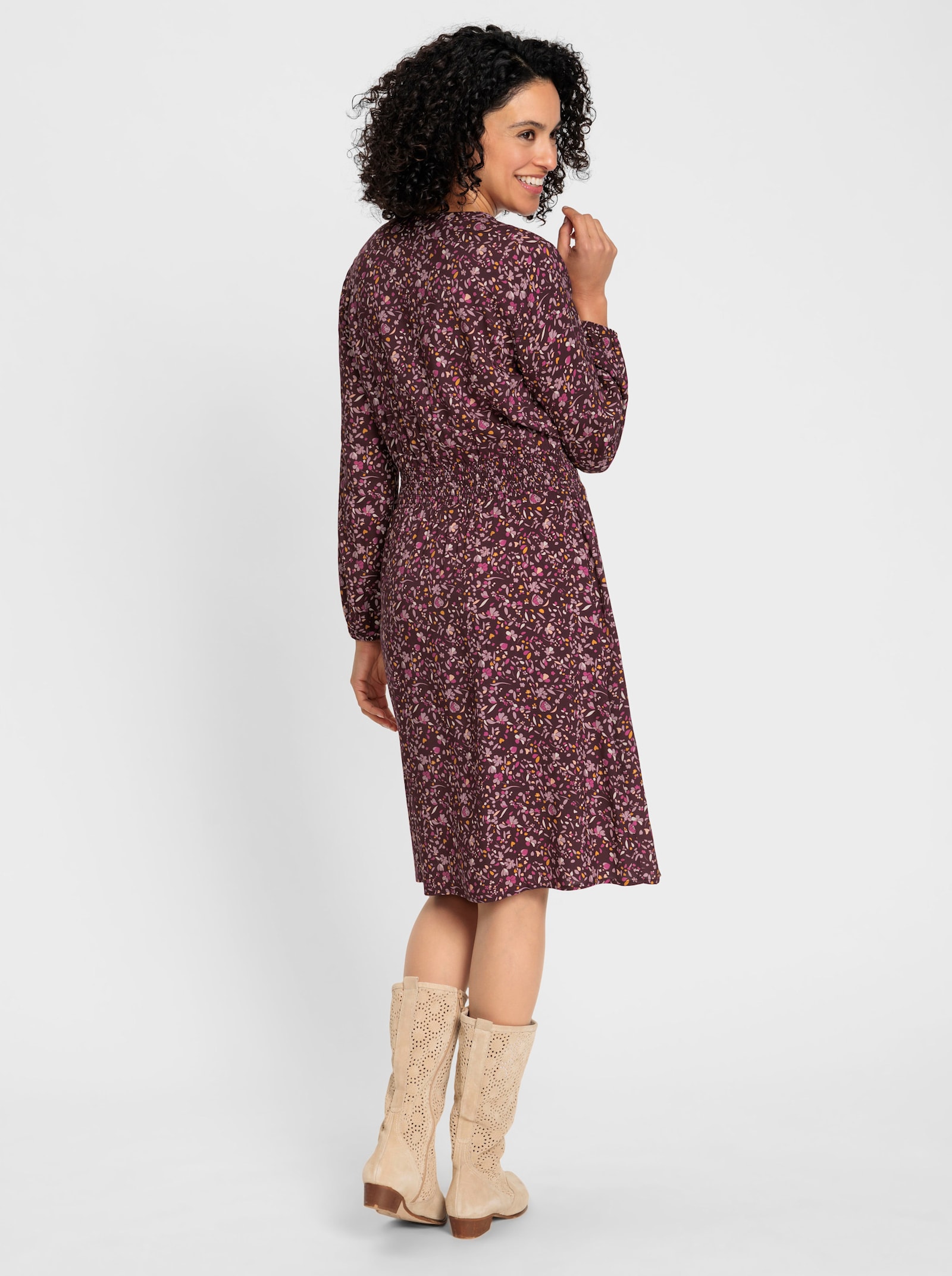 Webkleid mit Smok-Einsatz - burgund-mauve-bedruckt