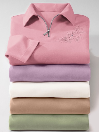 Poloshirt mit Stickerei und Steinchen - wollweiß