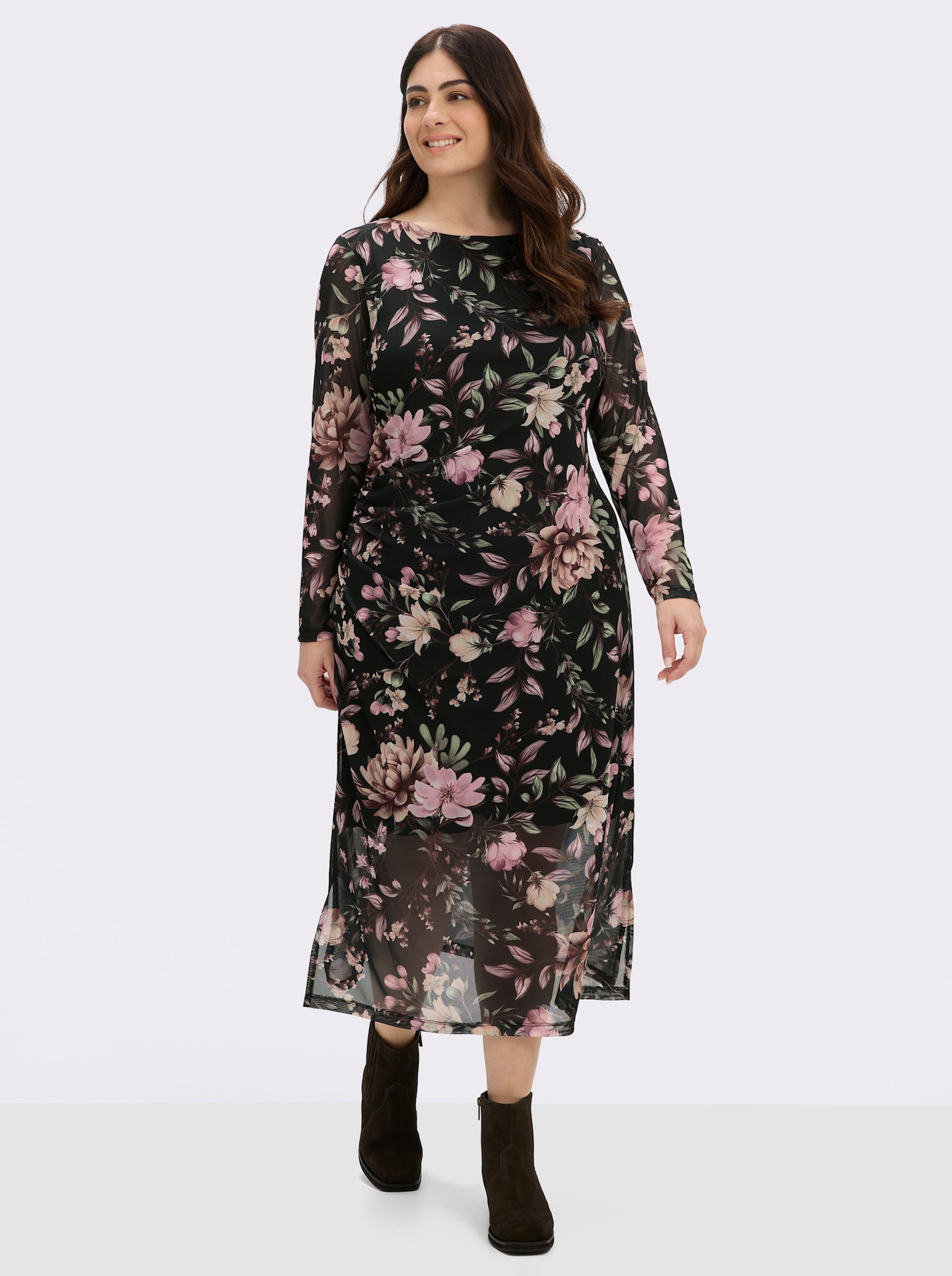 sheego Blumenkleid aus Mesh-Qualität - schwarz-rosenholz-bedruckt