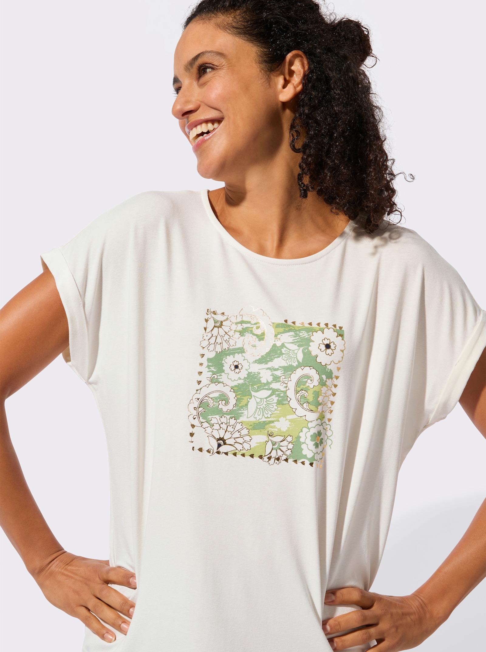 Rundhalsshirt mit Glanz-Akzenten - ecru-eucalyptus-bedruckt