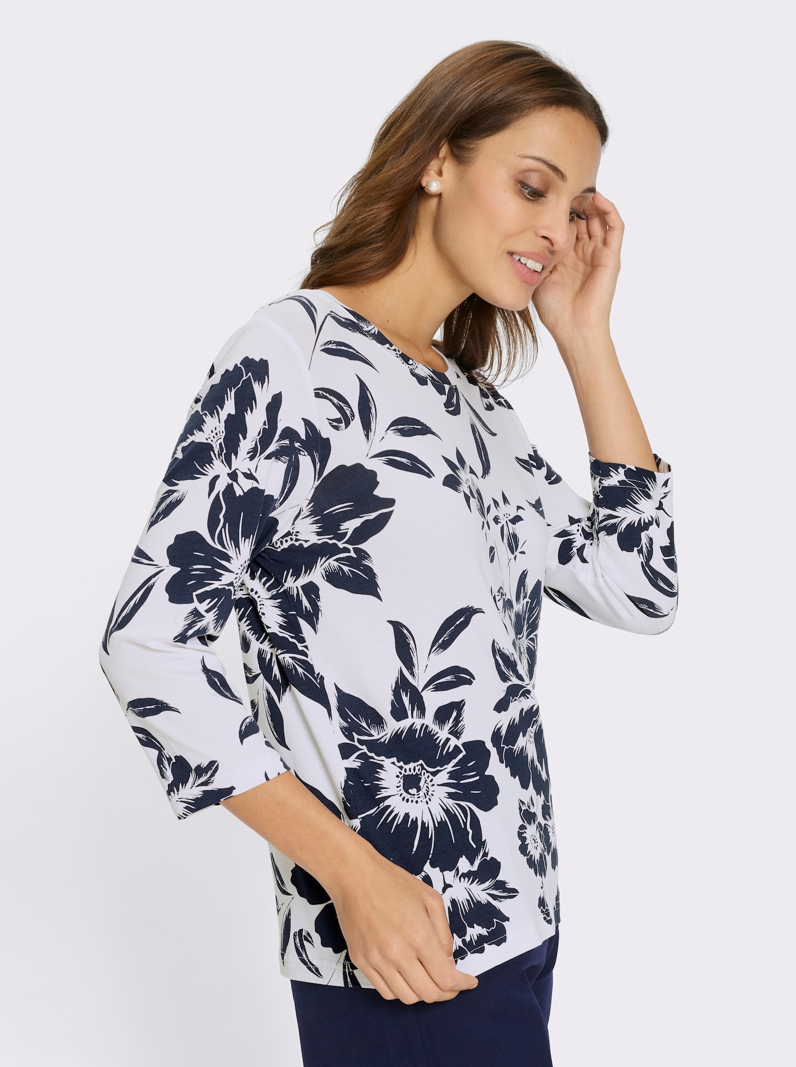 Tričko s potiskem s květinovým vzorem - bílá-námořnická modrá-potisk