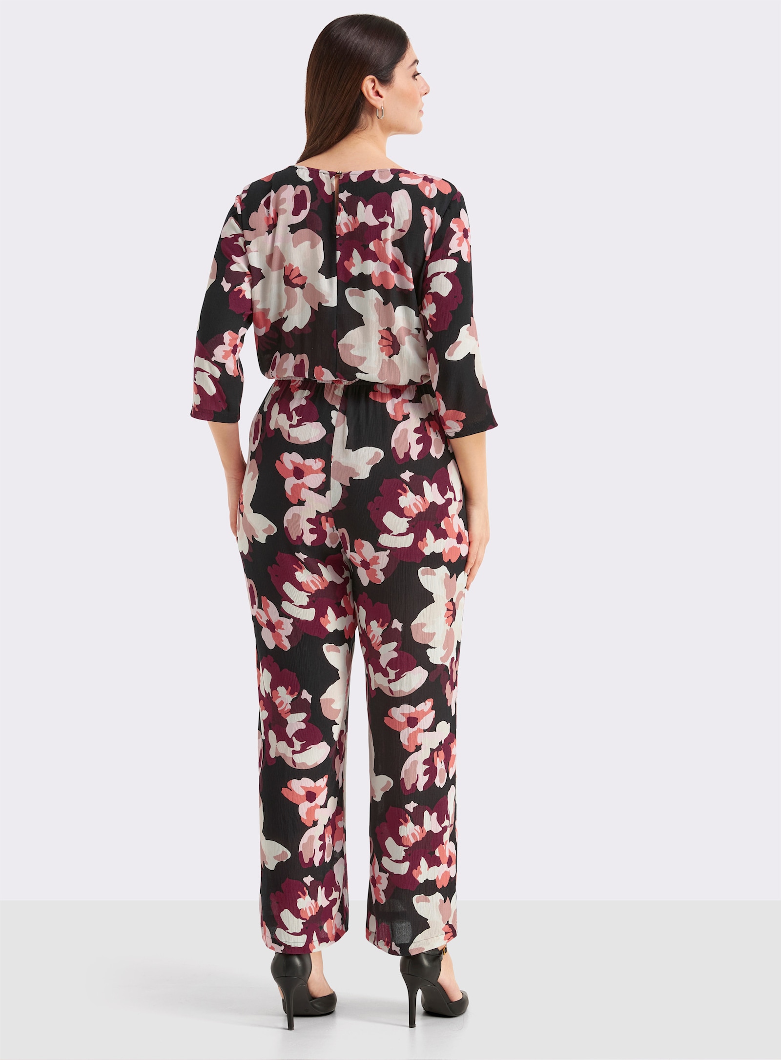 sheego Jumpsuit mit Blumenprint - schwarz-koralle-bedruckt