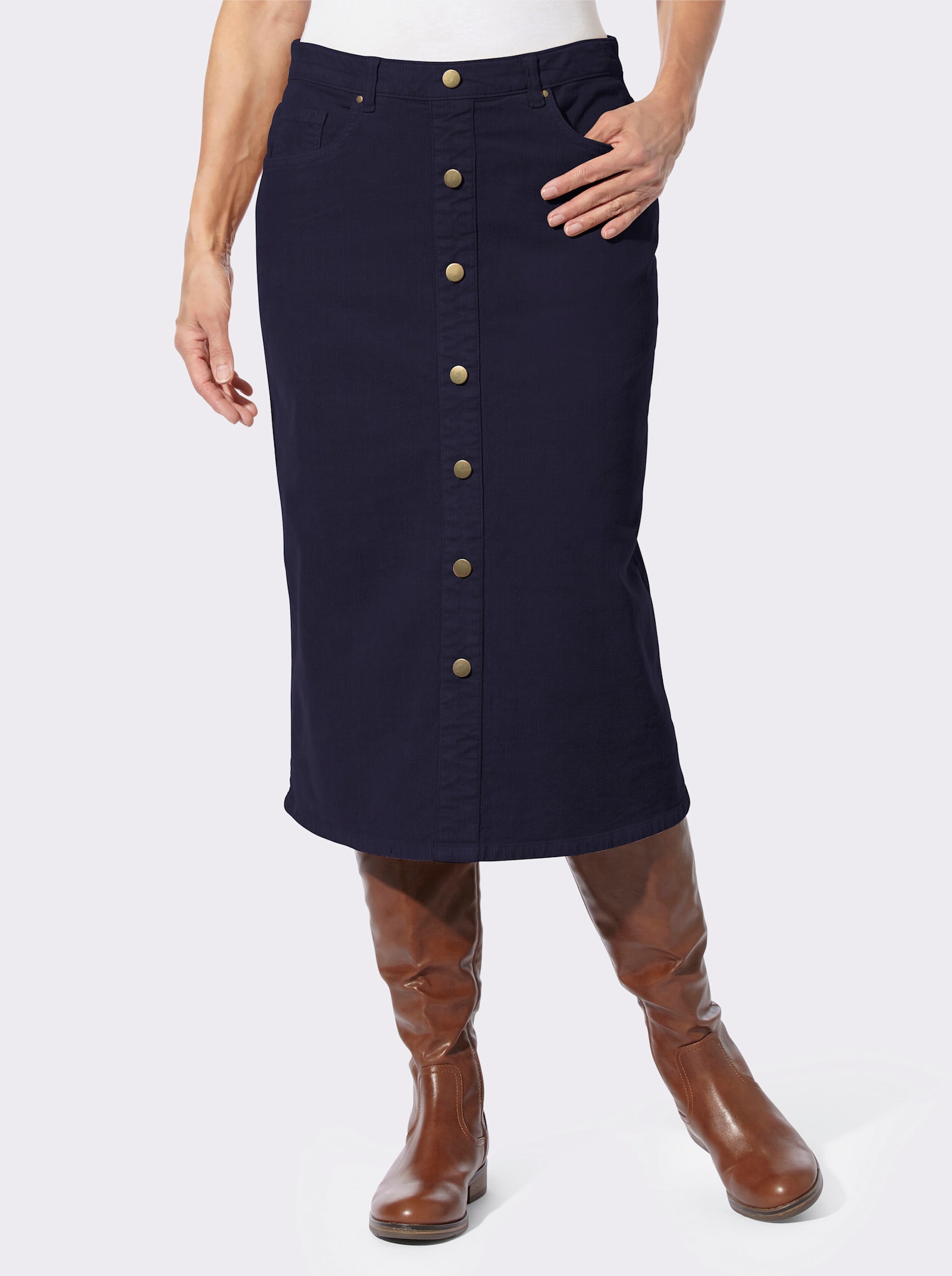Kordová sukně s ozdobnou knoflíkovou lištou - námořnická modrá