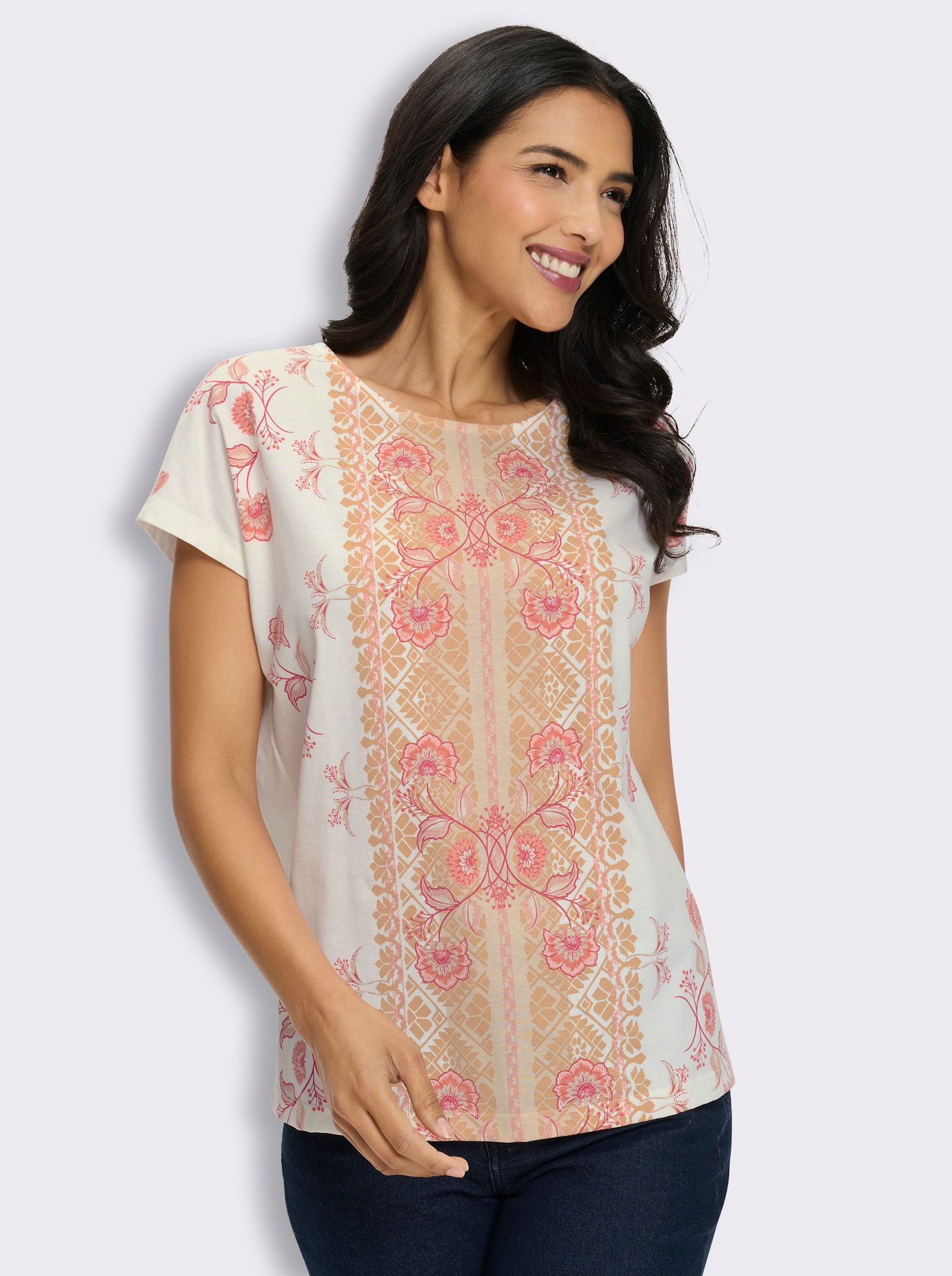 Print-Shirt mit überschnittenen Schultern - ecru-flamingo-bedruckt