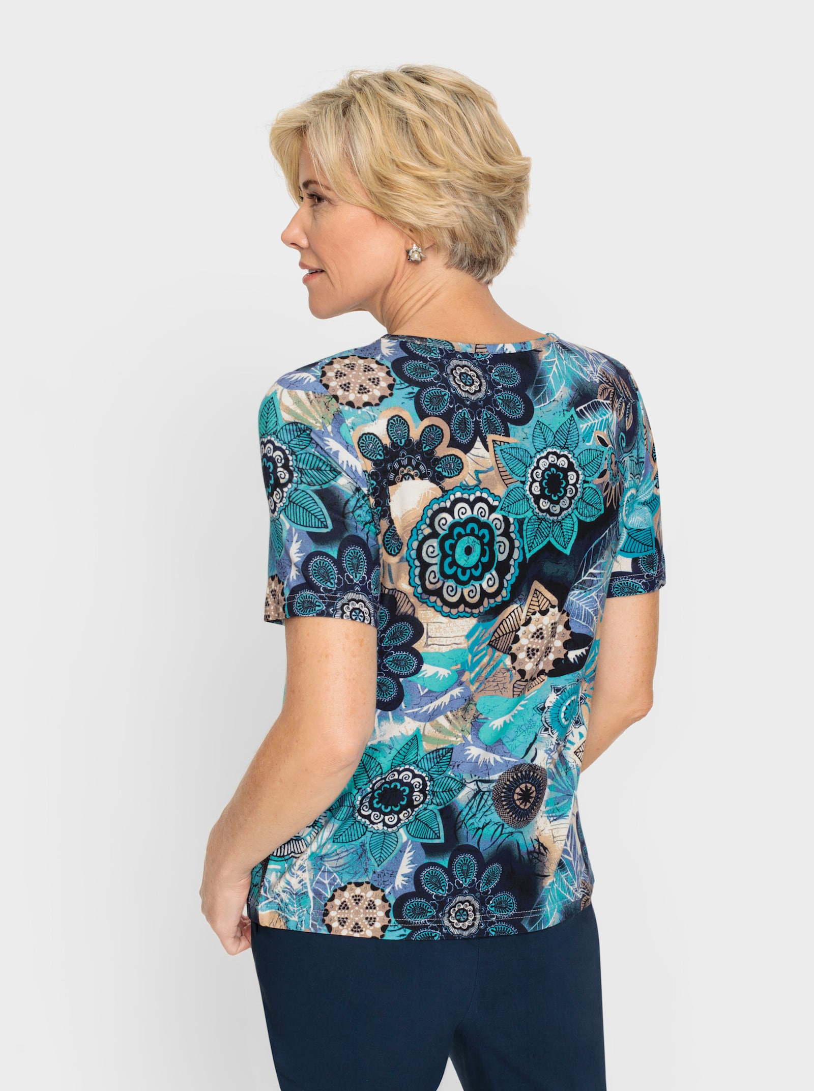 Rundhalsshirt aus Viskose-Stretch, bedruckt - aquamarin-ecru-bedruckt