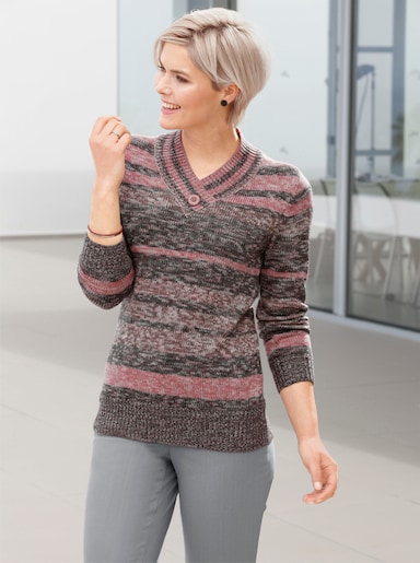 Pullover met V-hals - zalm/antraciet gestreept