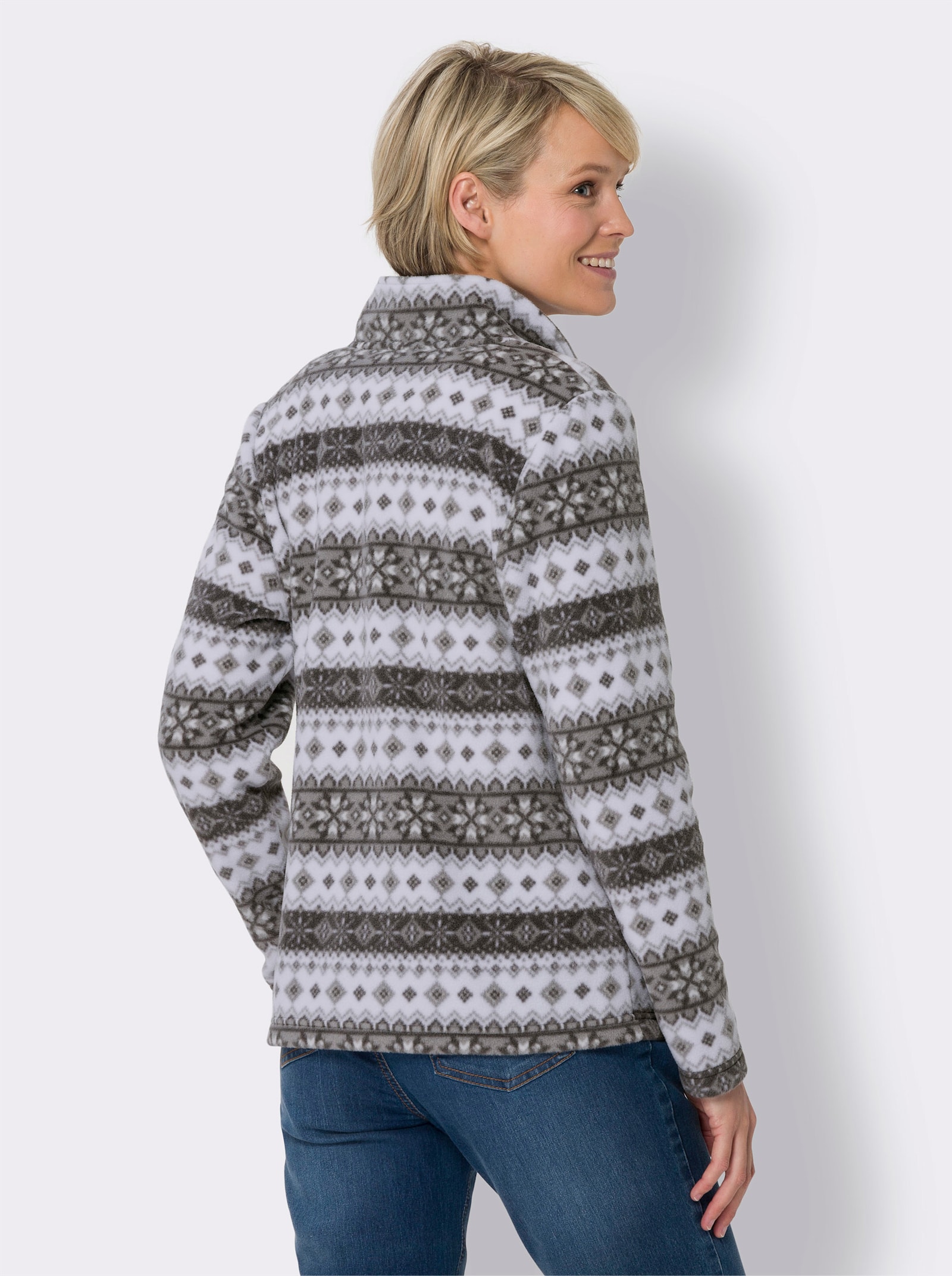 Fleecejacke im Norweger-Stil - ecru-anthrazit-bedruckt