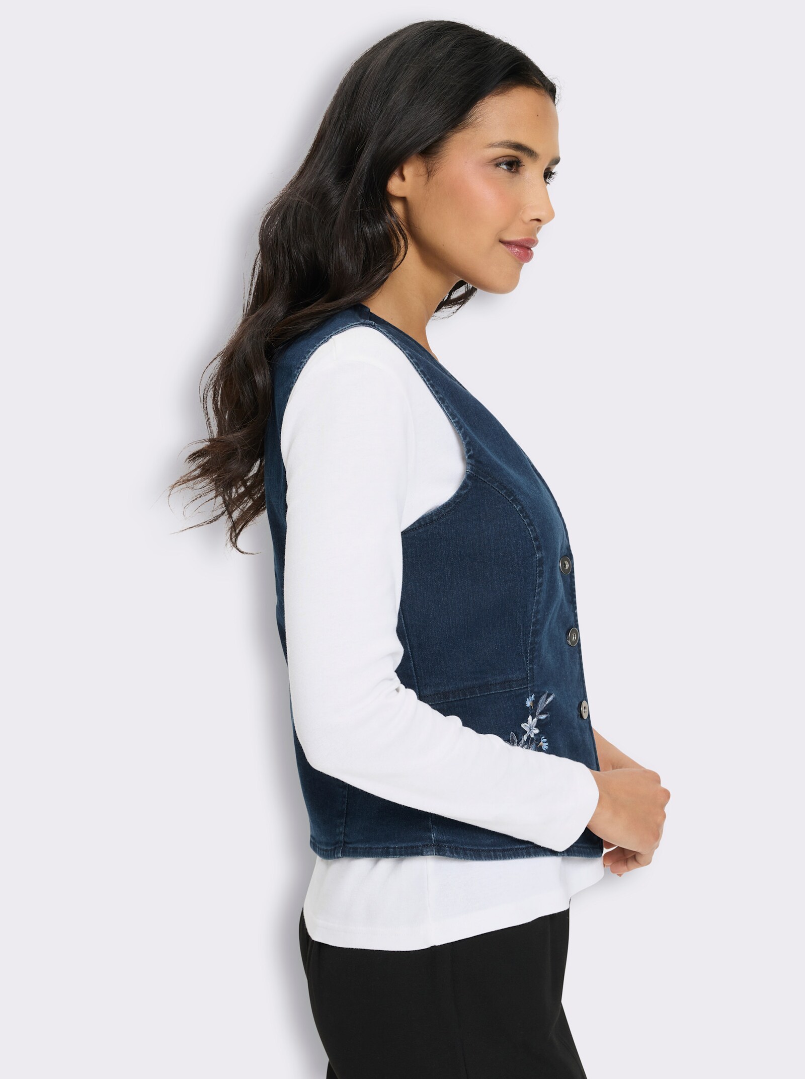 Jeansweste mit Blüten-Stickereien - blue-stone-washed
