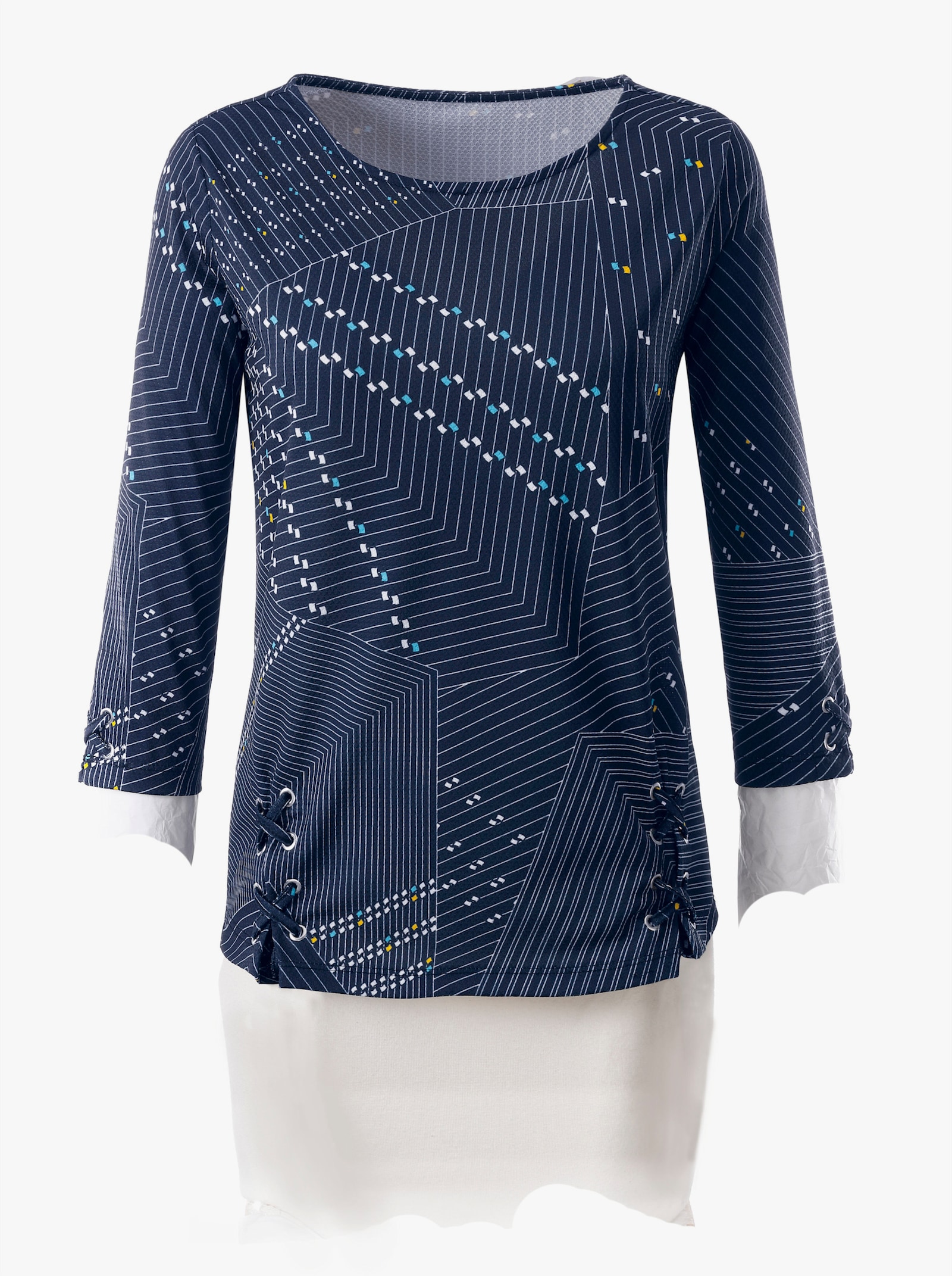 Print-Shirt mit Seitenschlitzen - marine-weiß-bedruckt