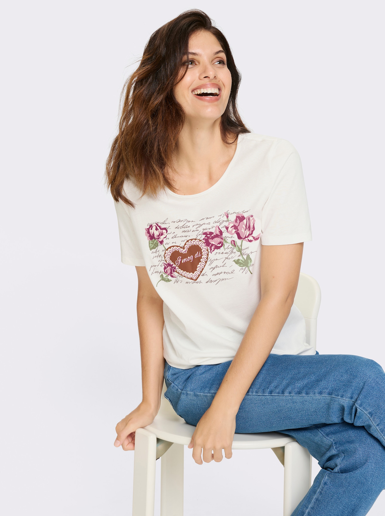 Folkloreshirt met op dessin geplaatste bloemenprint - ecru/oudroze