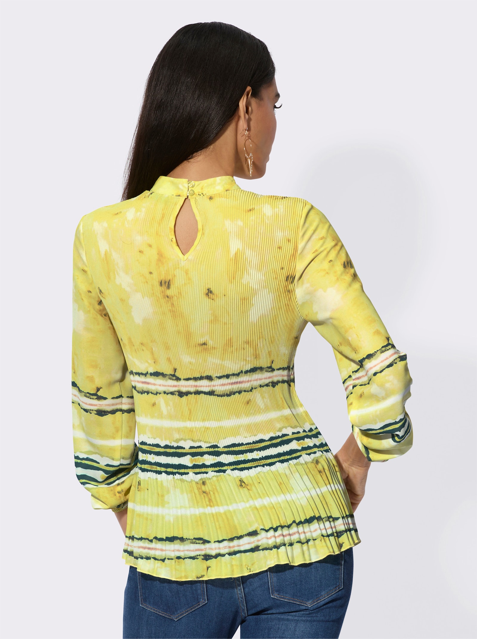Plissee-Bluse mit Knopfverschluss hinten - limone-ecru-bedruckt
