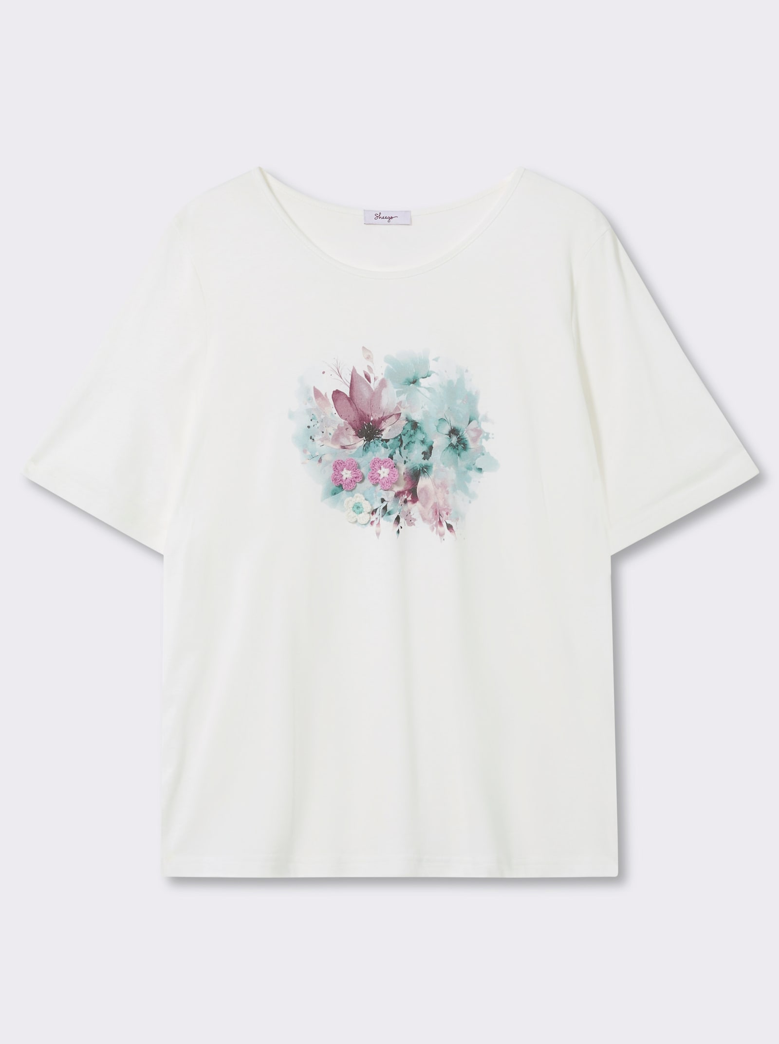 sheego Shirt mit aufgenähten Häkelblumen - ecru-eisblau-bedruckt