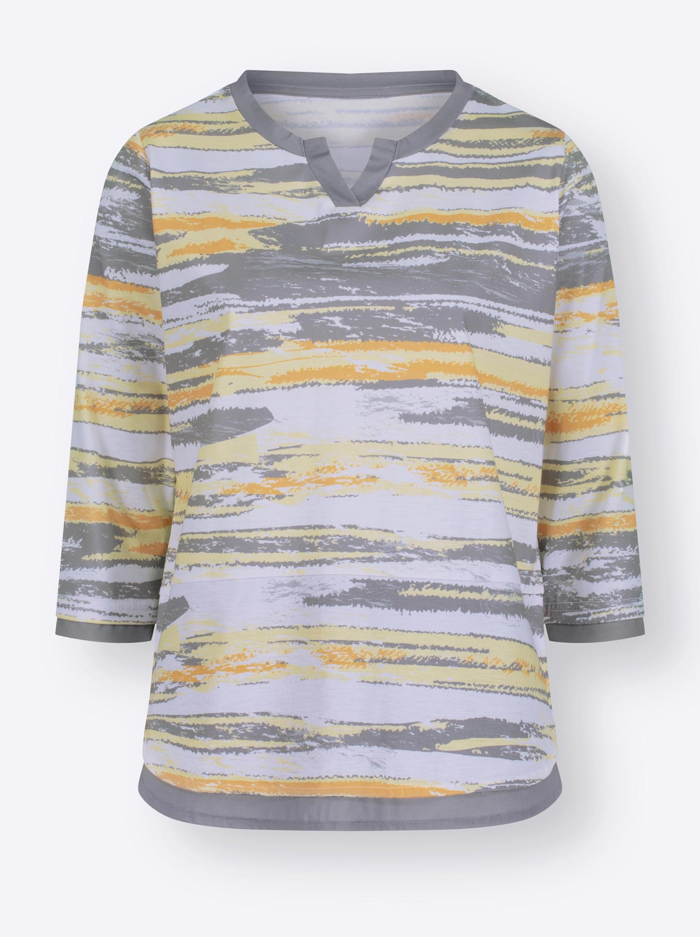 Damenmode Shirts 3/4-Arm-Shirt in grau-zitrone-bedruckt 