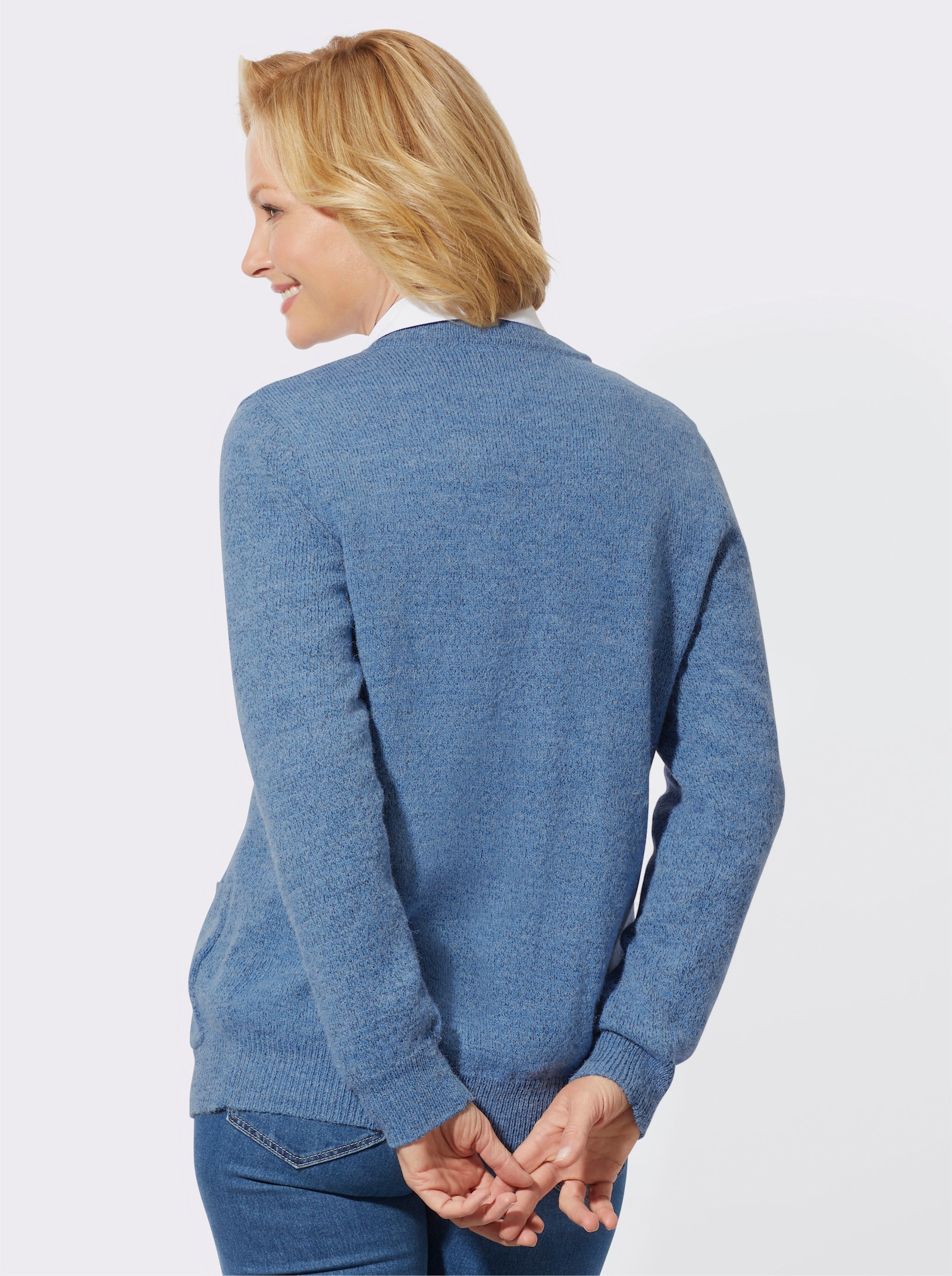 Strickjacke mit Stickerei und Zierperlen - mittelblau-meliert