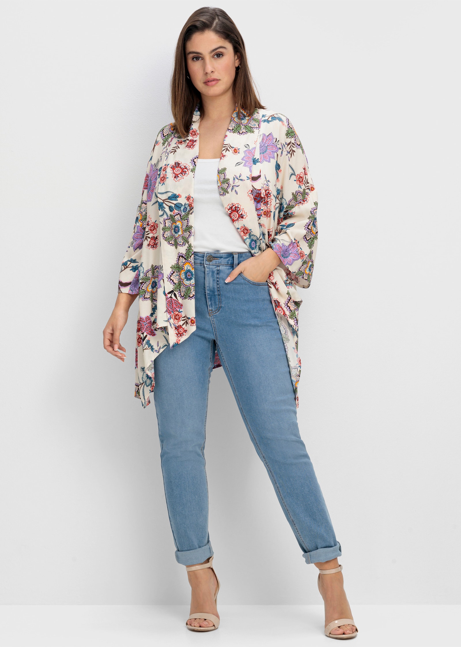 sheego by Joe Browns Longbluse im Kimono-Stil, mit Blumendruck - offwhite-gemustert
