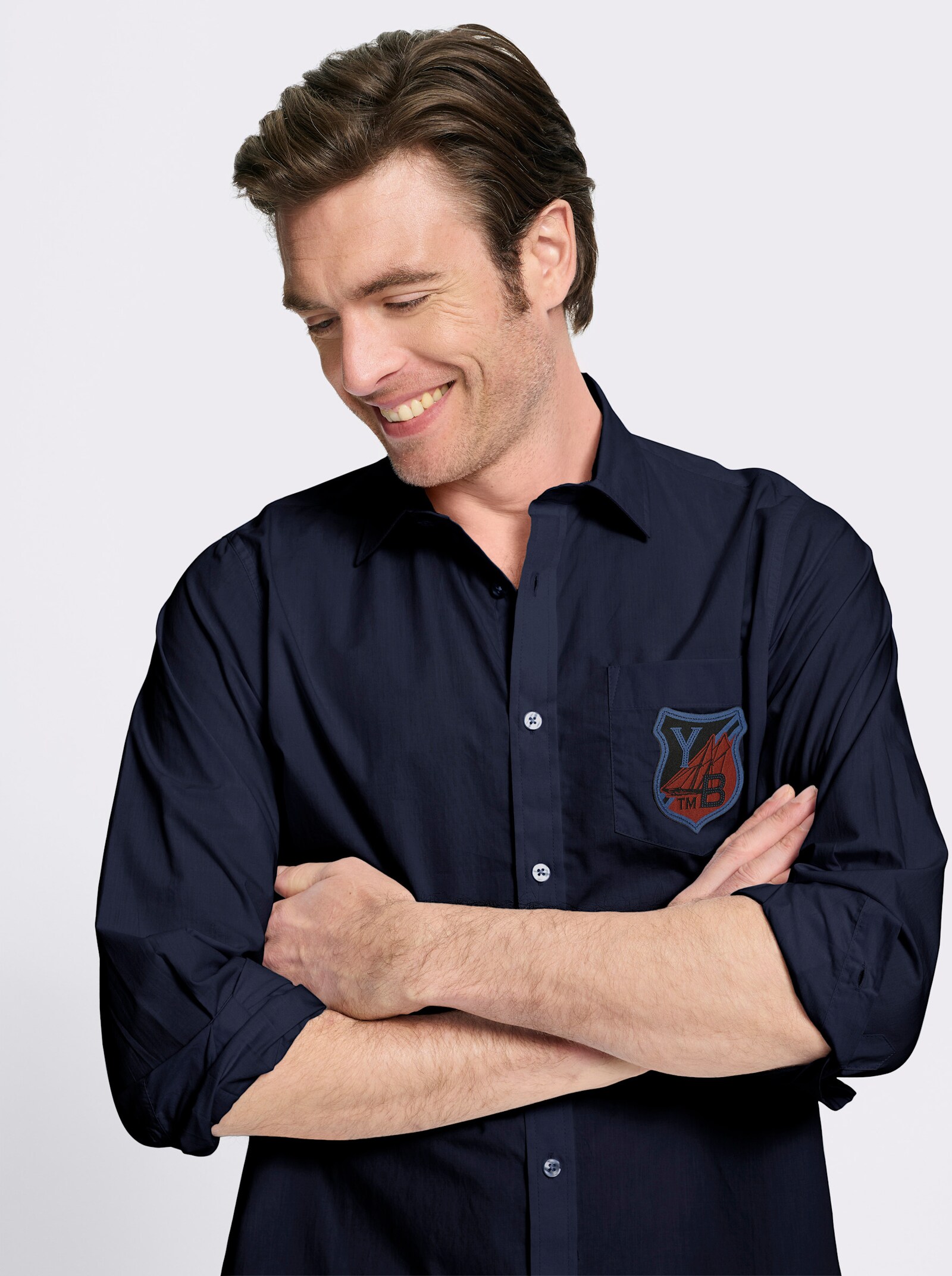 Catamaran Langarmhemd aus reiner Baumwolle, Popeline - marine