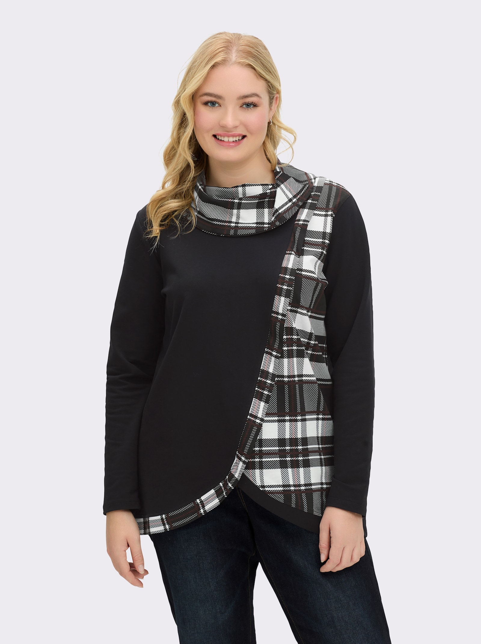 Sweatshirt mit Karo-Einsätzen - schwarz-gemustert