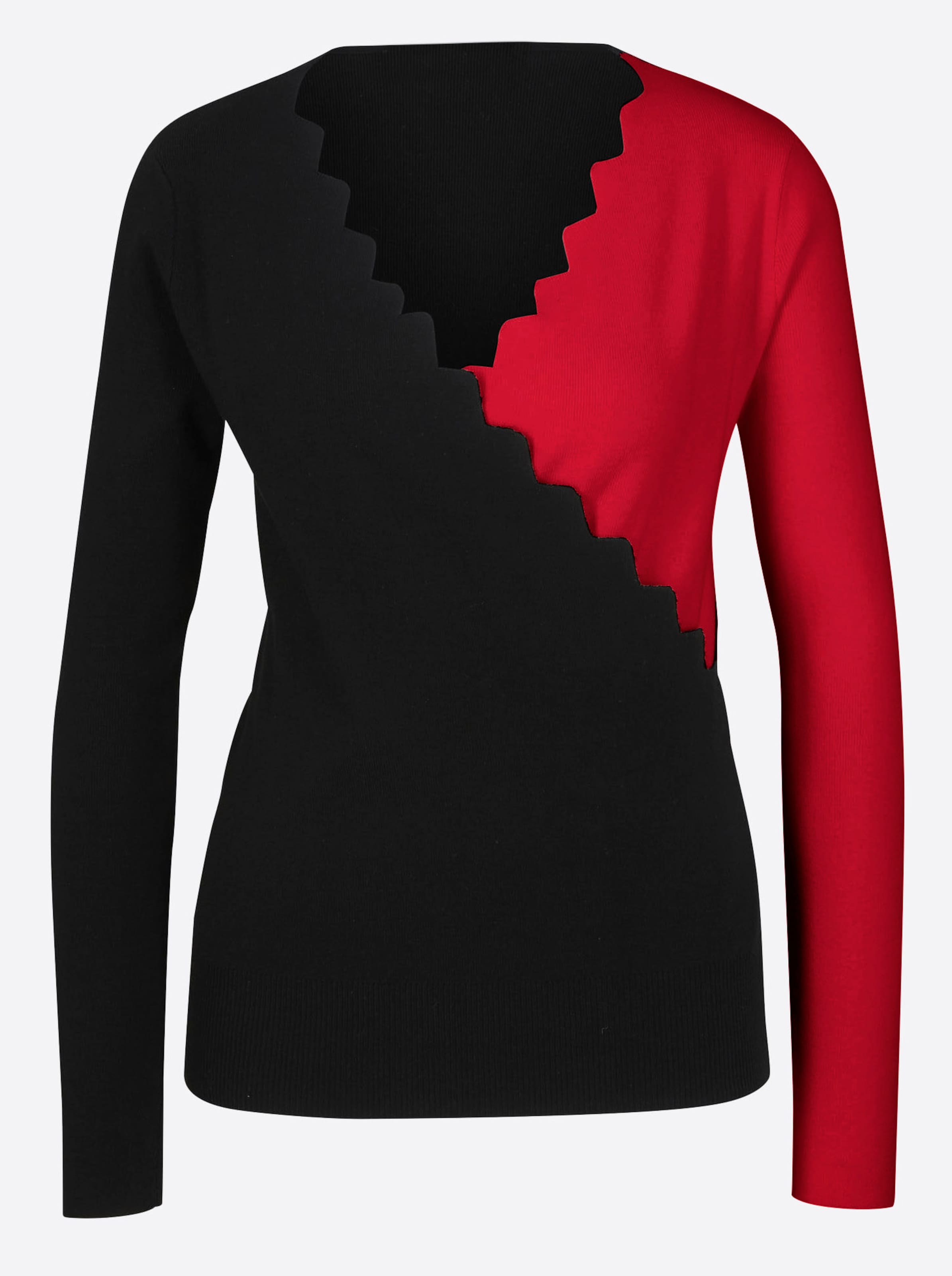 Rot PU günstig Kaufen-Pullover in schwarz-rot von heine. Pullover in schwarz-rot von heine <![CDATA[Pullover Kontraststark! Angenehmer Feinstrick in figurbetonter Wickel-Optik, mit V-Ausschnitt und Langarm.]]>. 
