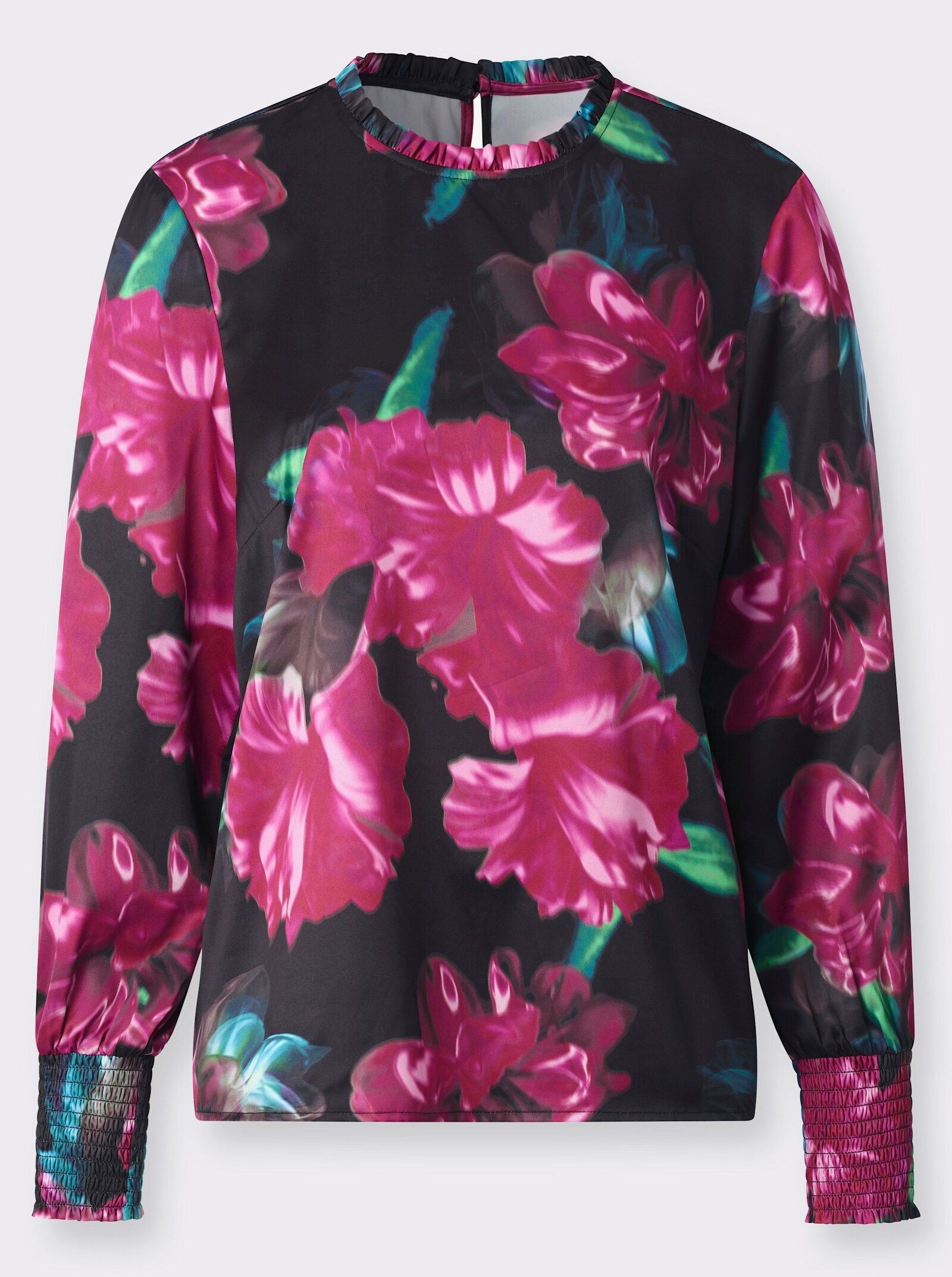 Satinbluse mit Rüschen am Kragen - schwarz-malve-bedruckt