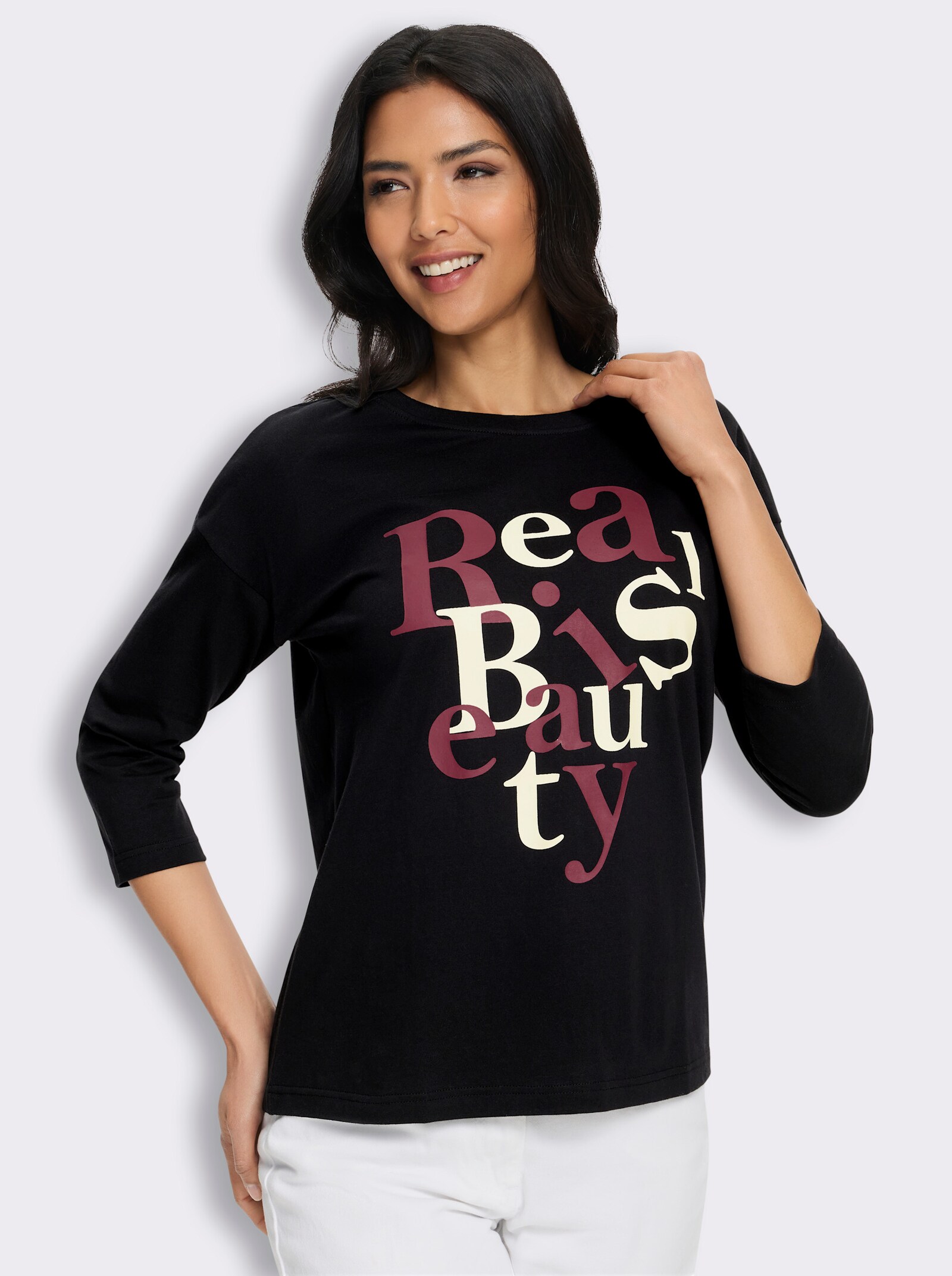 3/4-Arm-Shirt mit Schriftzug im Vorderteil - schwarz-bordeaux
