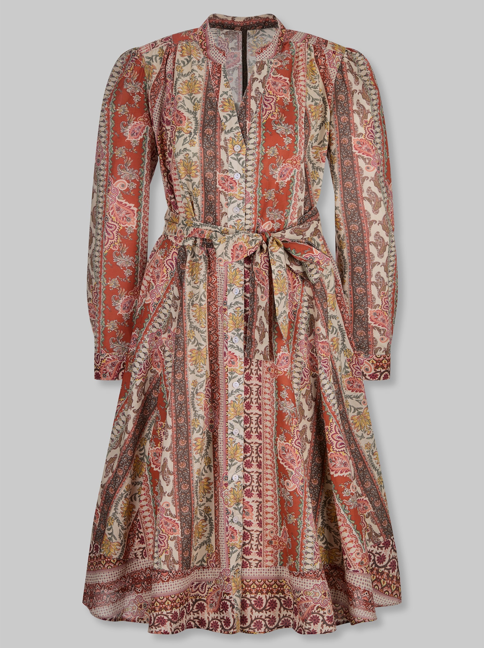 heine Baumwollkleid mit Bindegürtel - sand-rostrot-bedruckt