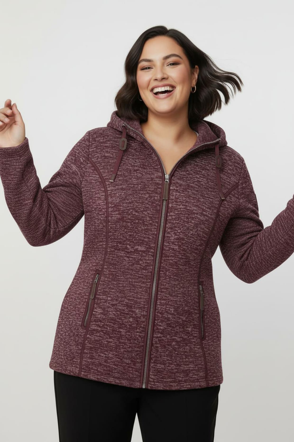 Kapuzenfleecejacke mit Umlegekragen - bordeaux-meliert