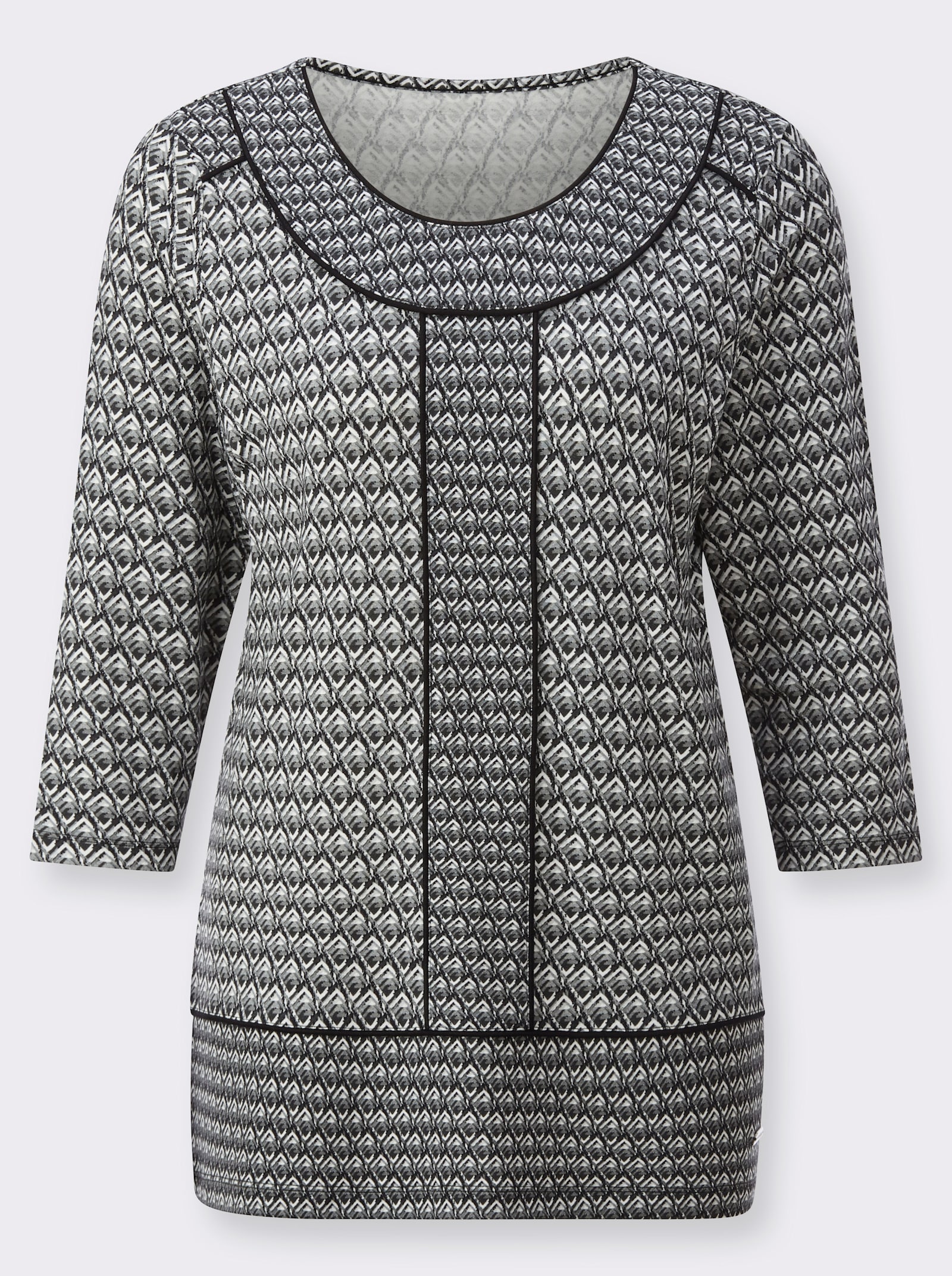 Rundhalsshirt mit Kontrast-Paspelierung - grau-bedruckt