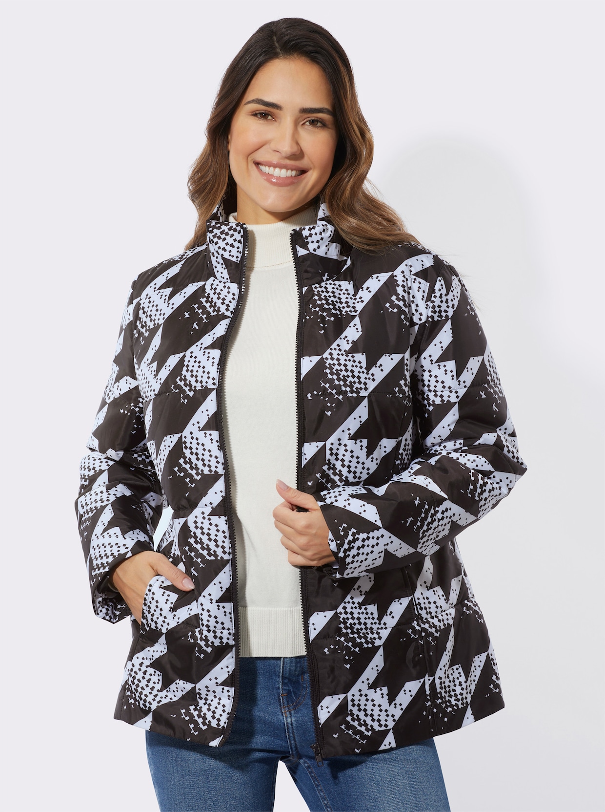 Steppjacke - schwarz-ecru-bedruckt