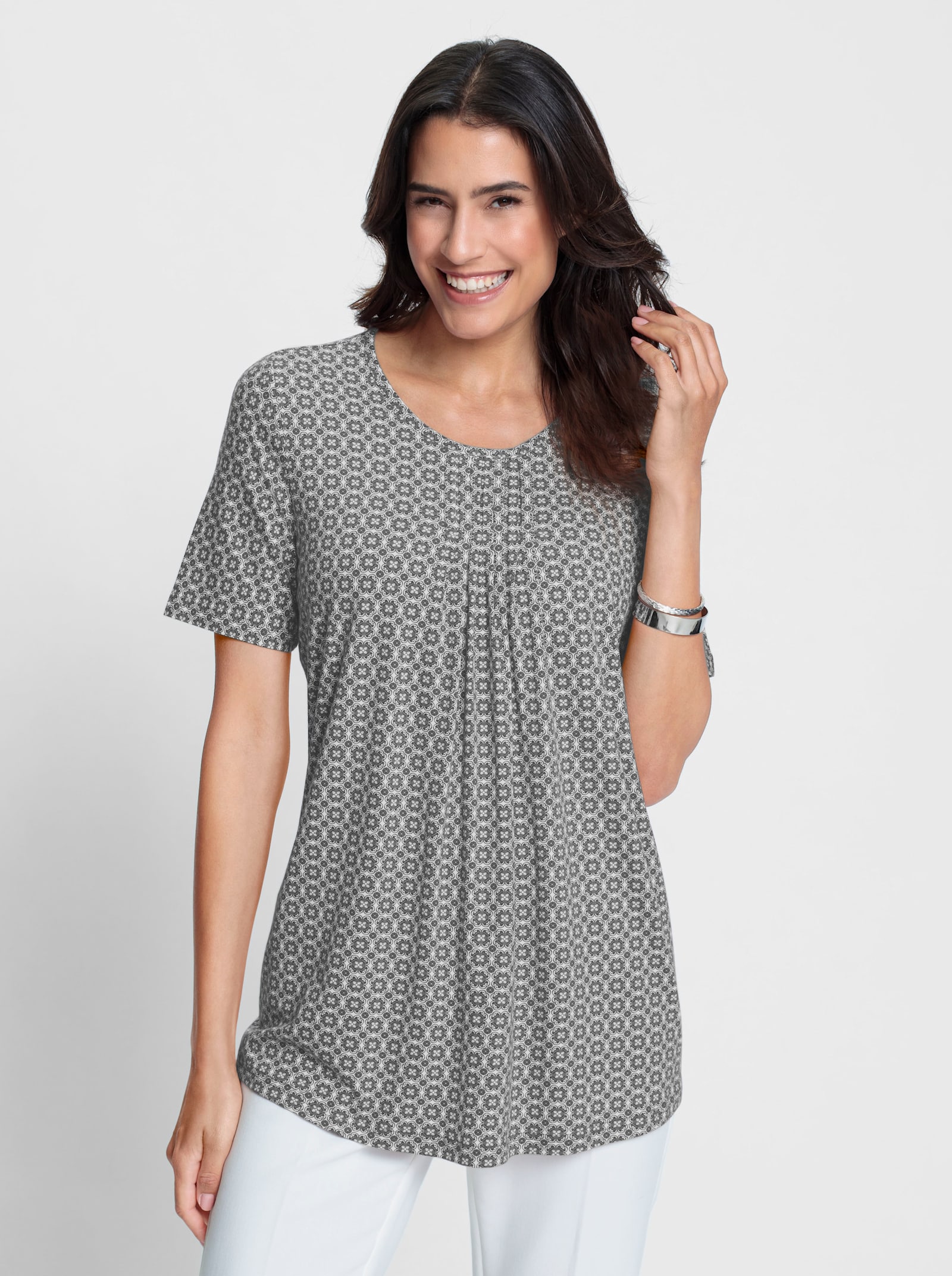 Tunikashirt in A-Linie - grau-weiß-bedruckt