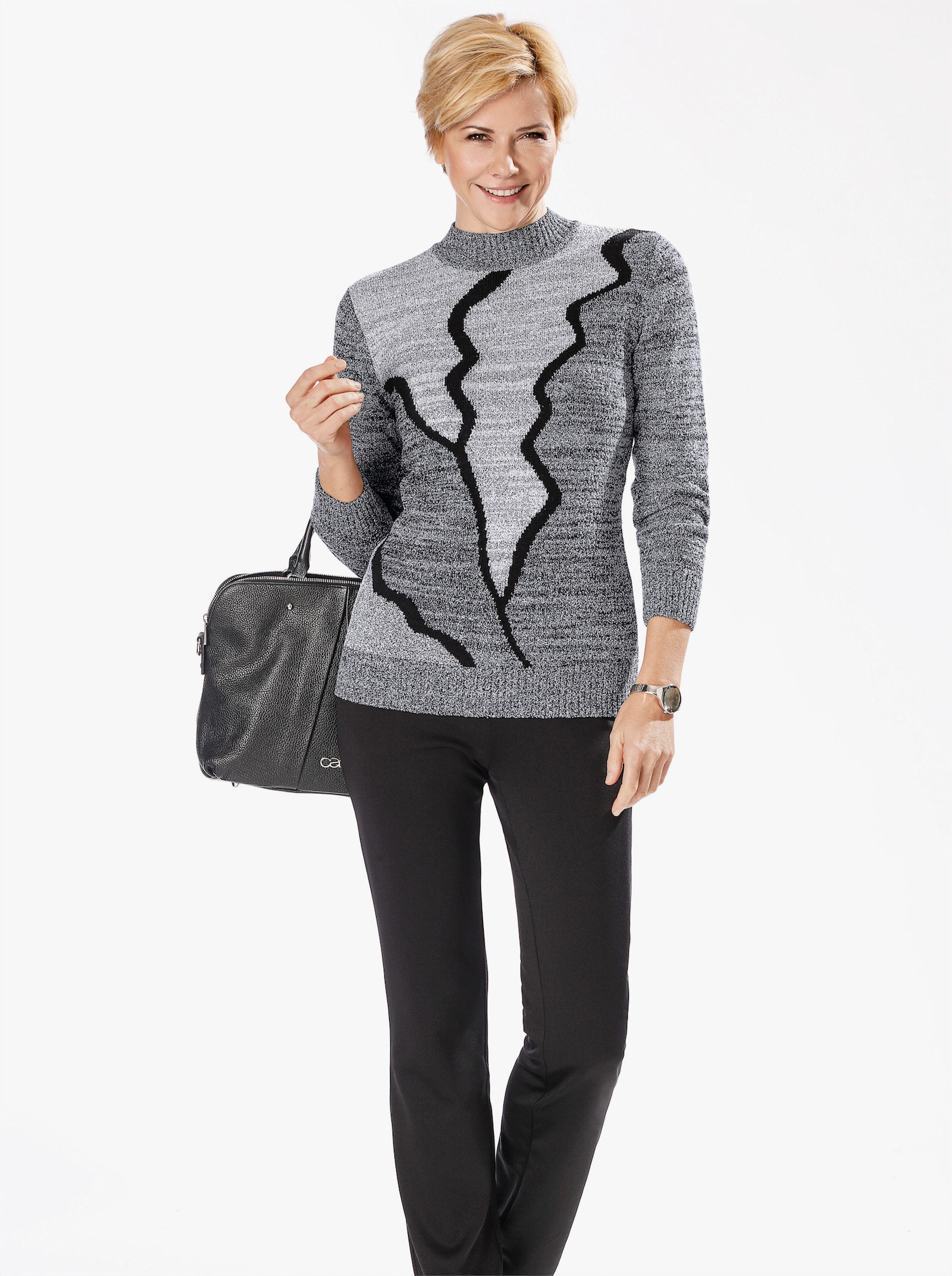 Stehkragenpullover mit Intarsien-Muster - schwarz-weiß