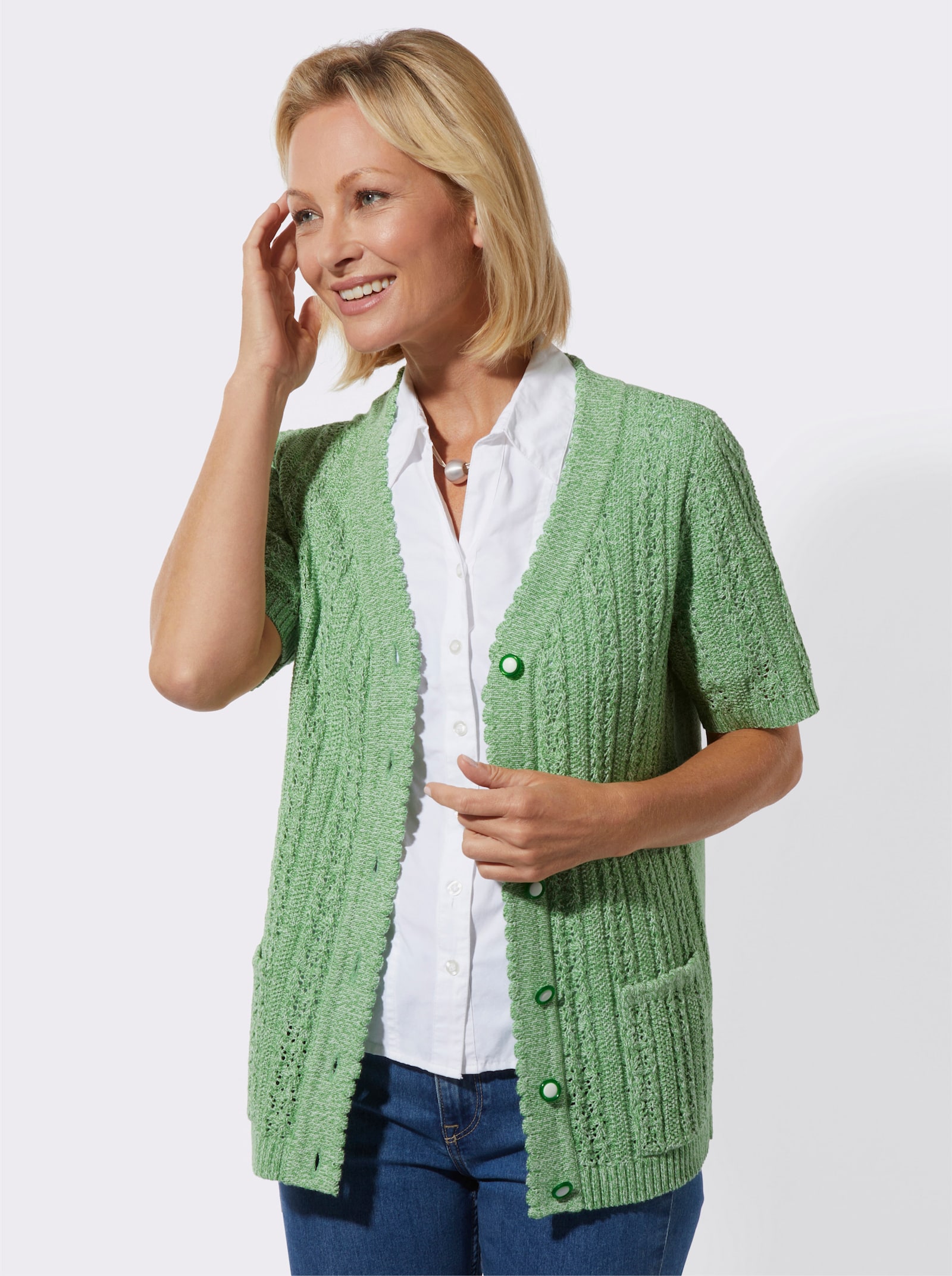 Ajourstrickjacke mit Taschen, aufgesetzt - apfel-ecru-meliert