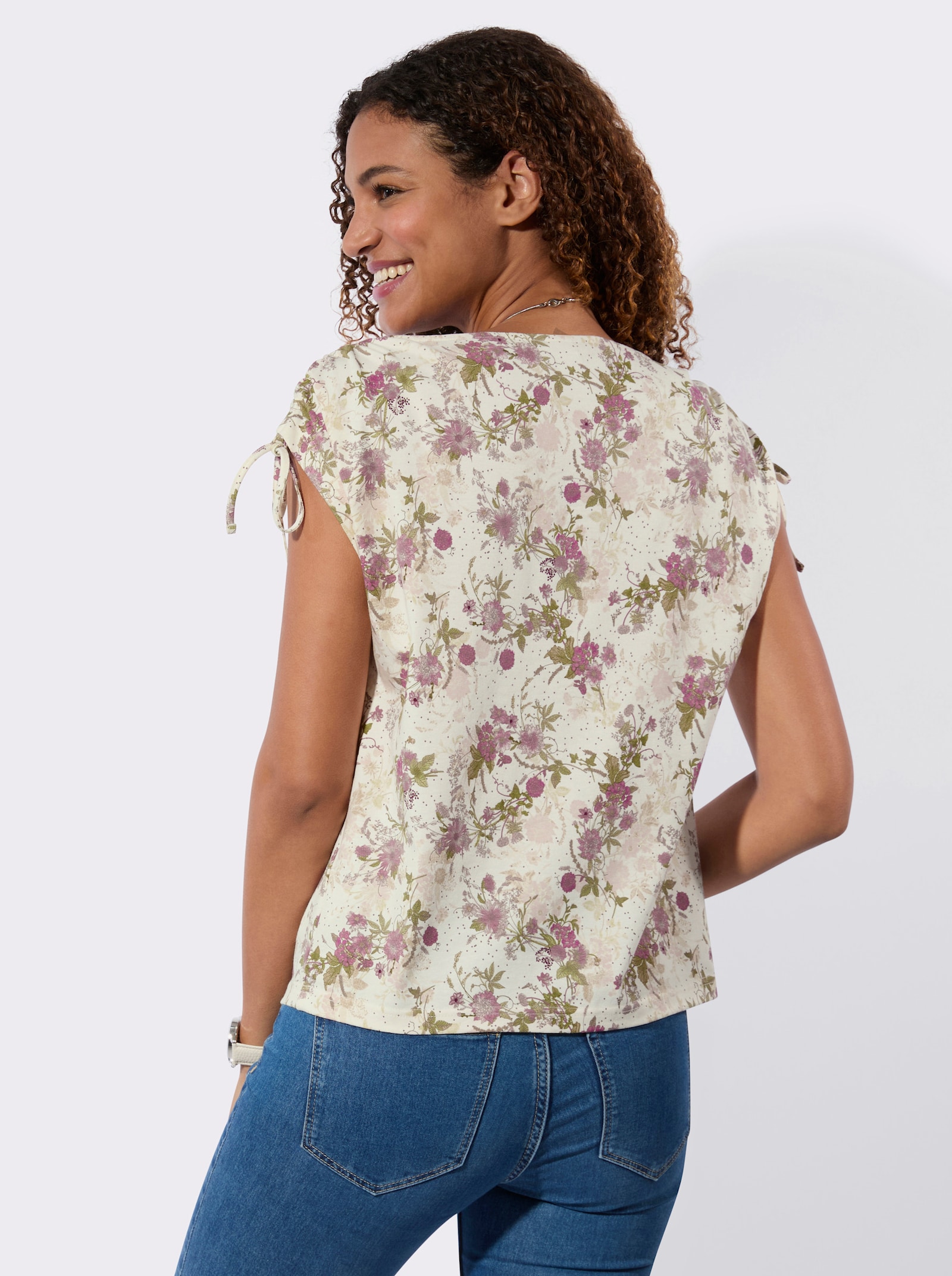 Kurzarmshirt mit Raffungen - champagner-hortensie-bedruckt