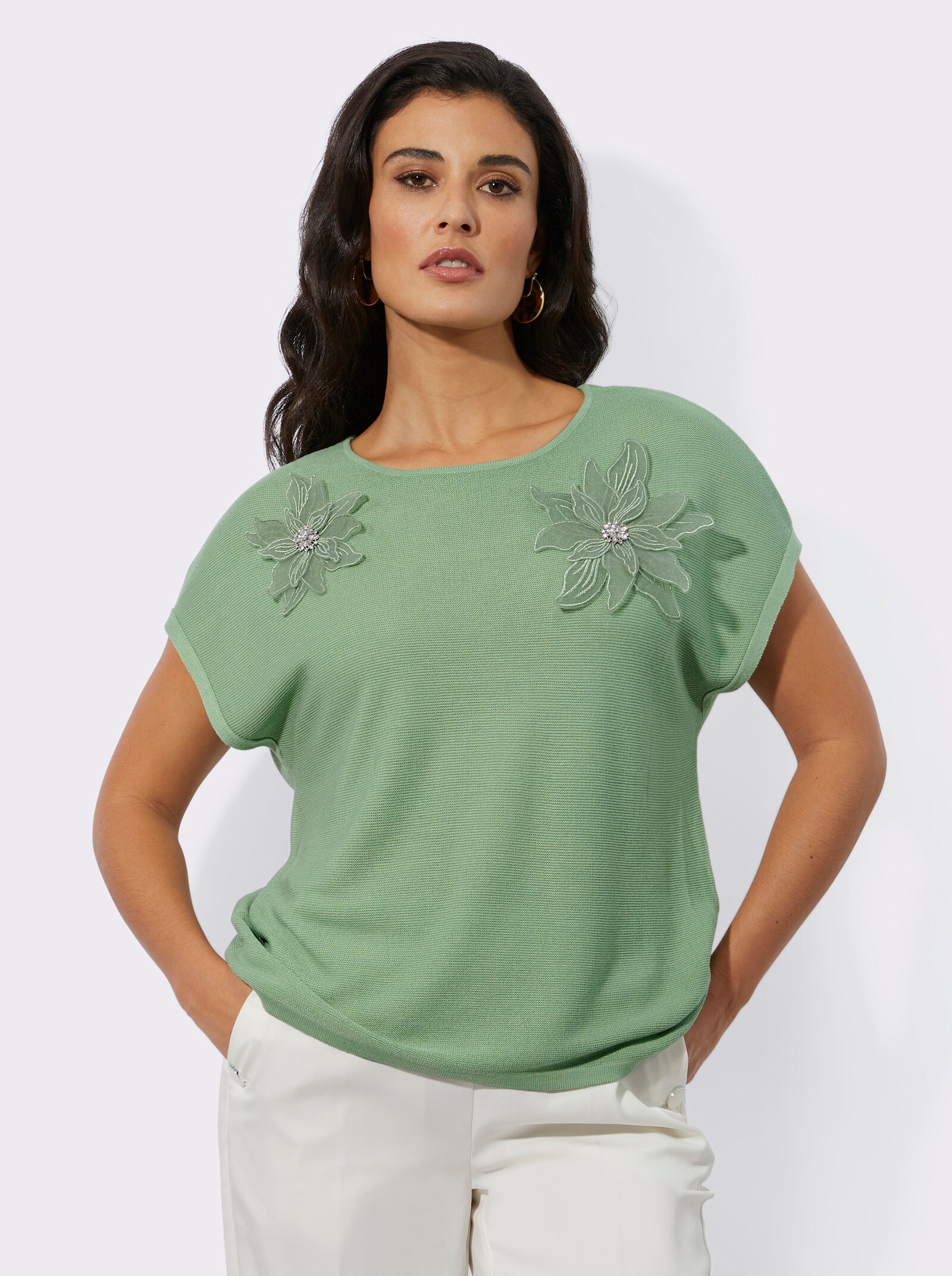 Kurzarmpullover im wertigen Material-Mix - eucalyptus