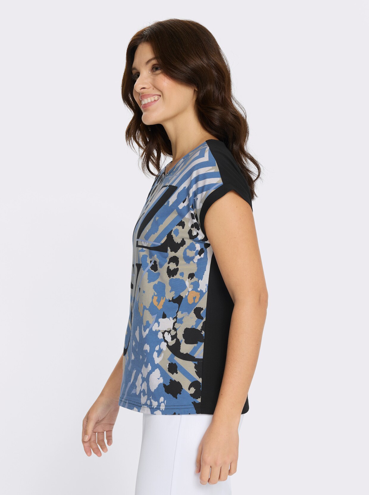 Kurzarmshirt mit bedrucktem Vorderteil - eisblau-schwarz-bedruckt