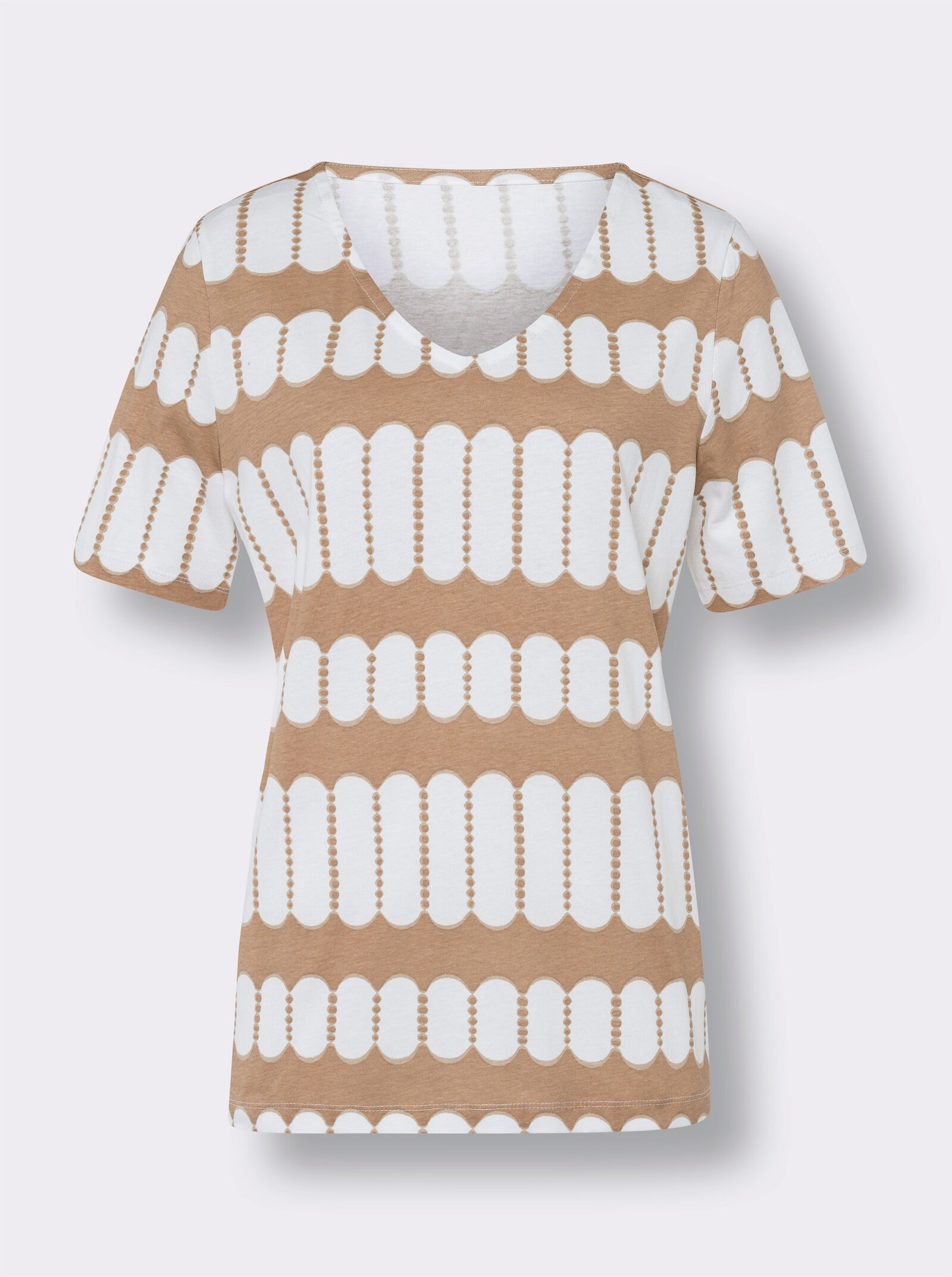 Kurzarmshirt aus reiner Baumwolle - camel-ecru-bedruckt