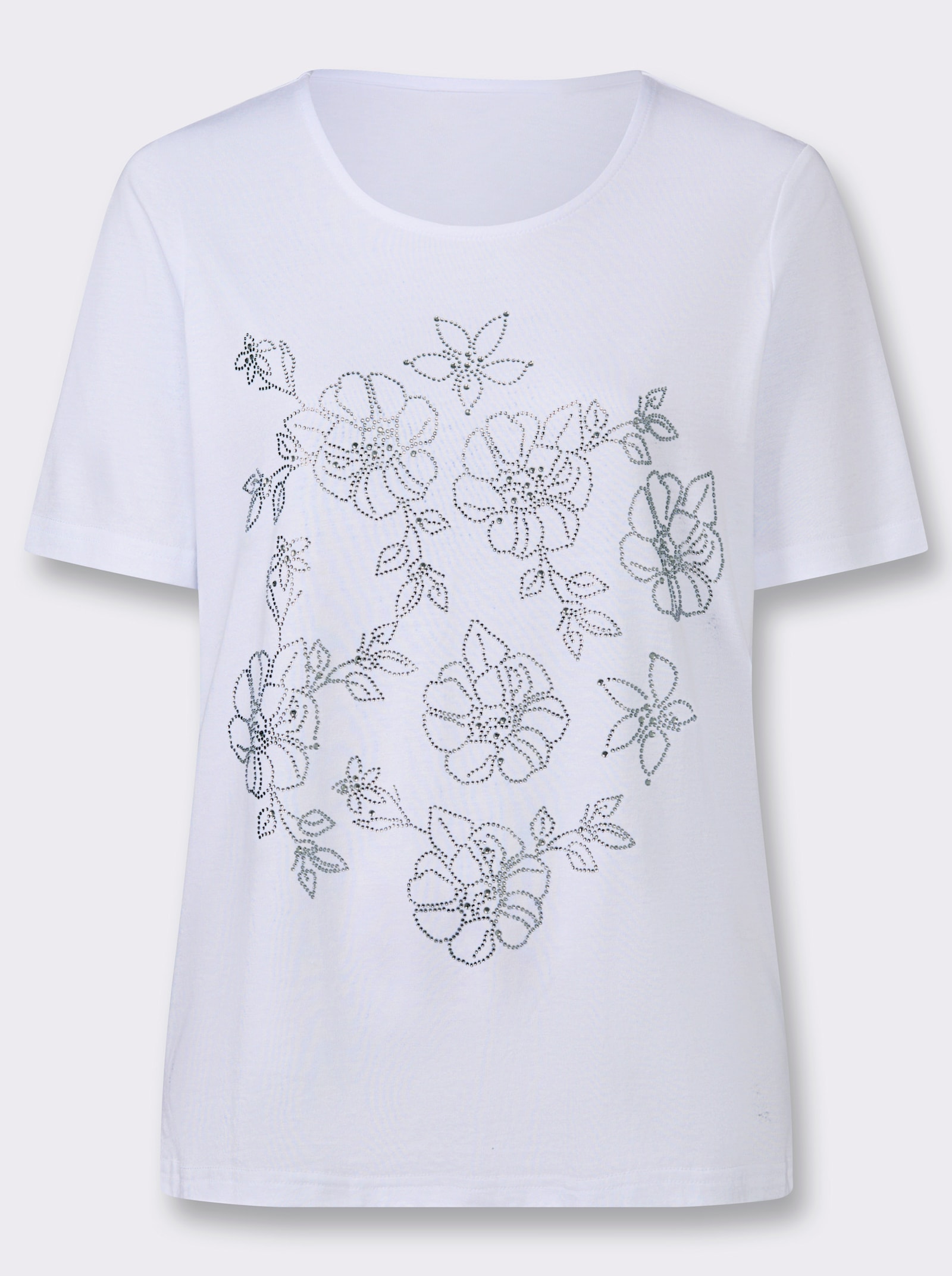 Rundhalsshirt mit Glitzersteinchen-Blüten - weiß