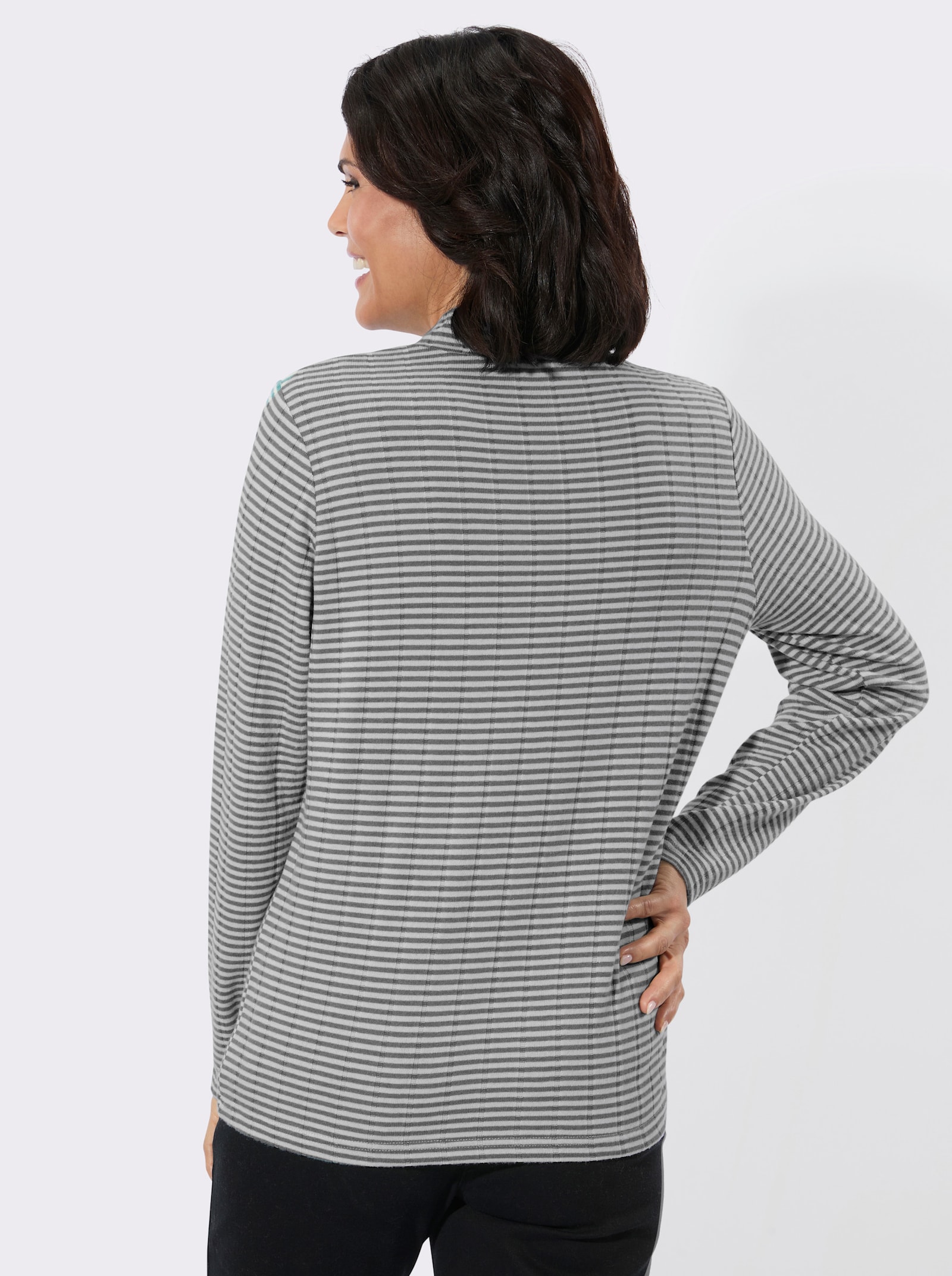 Langarmshirt mit Stehkragen - grau-ecru-geringelt