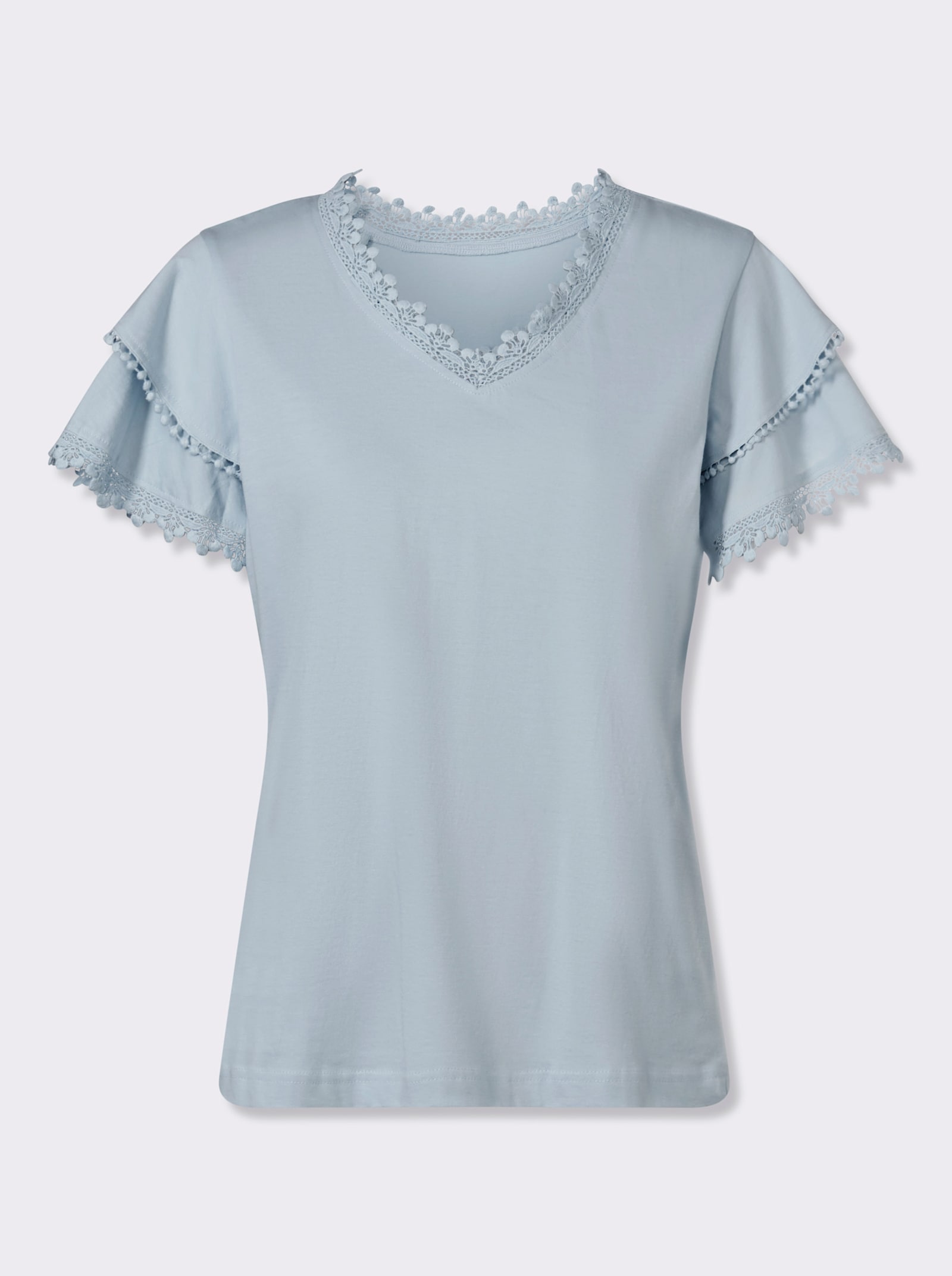 V-Shirt mit Spitzen-Details - hellblau