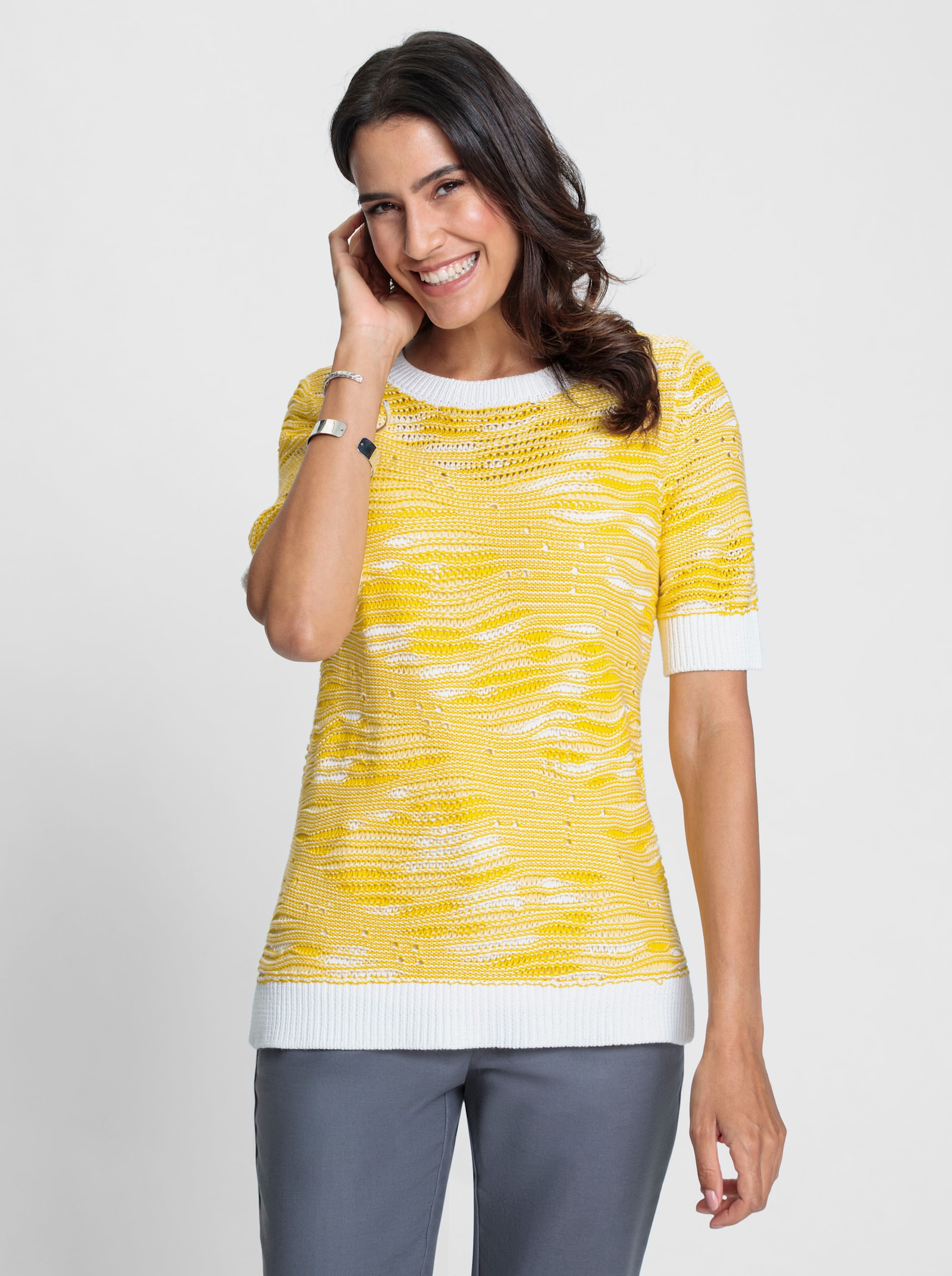 Kurzarmpullover in Jacquard-Strick - zitrone-weiß-gemustert