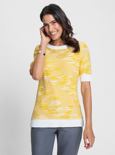 Kurzarmpullover in Jacquard-Strick - zitrone-weiß-gemustert