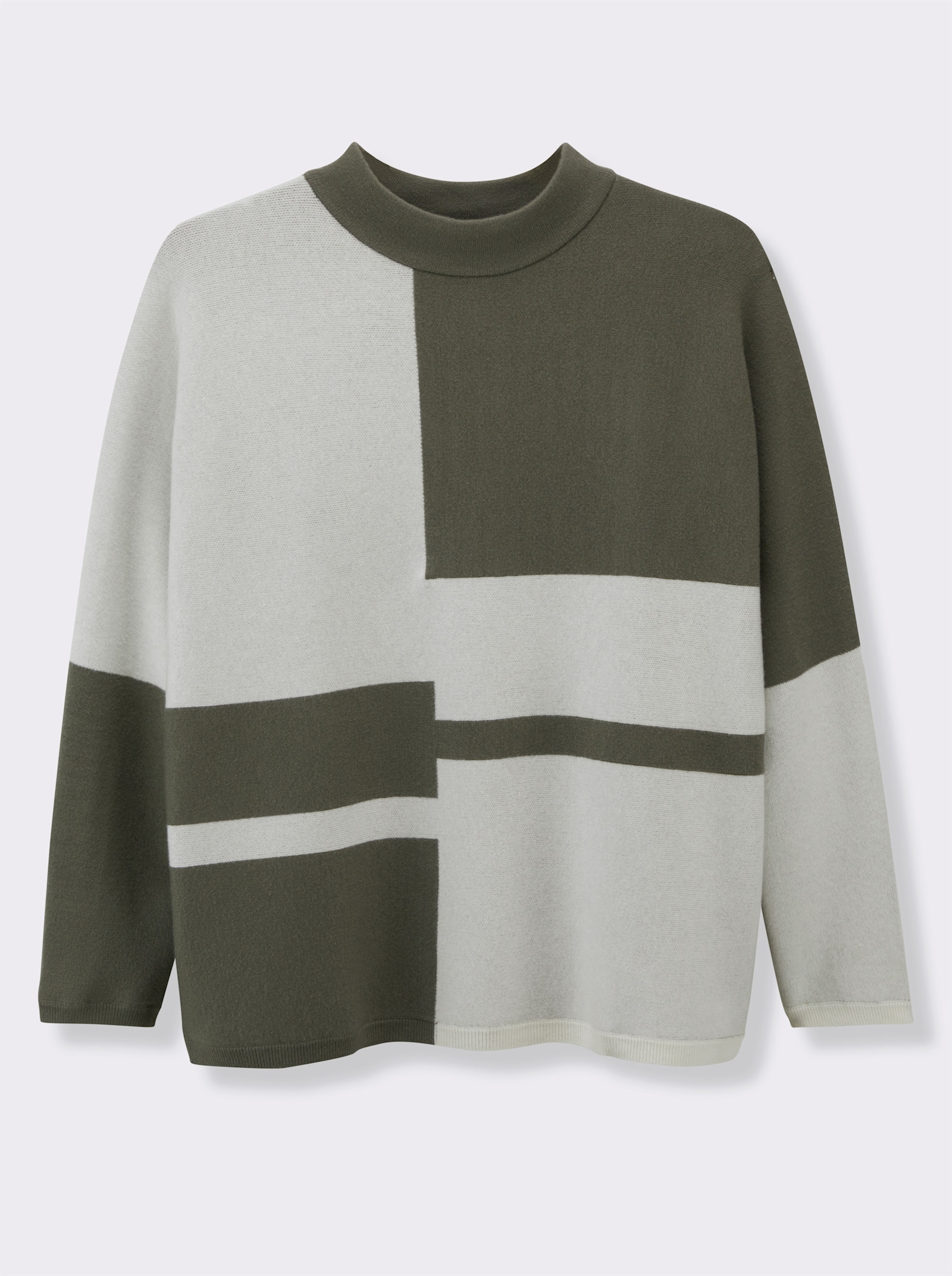 Jacquard-Pullover , Rückenteil einfarbig - khaki-ecru-gemustert