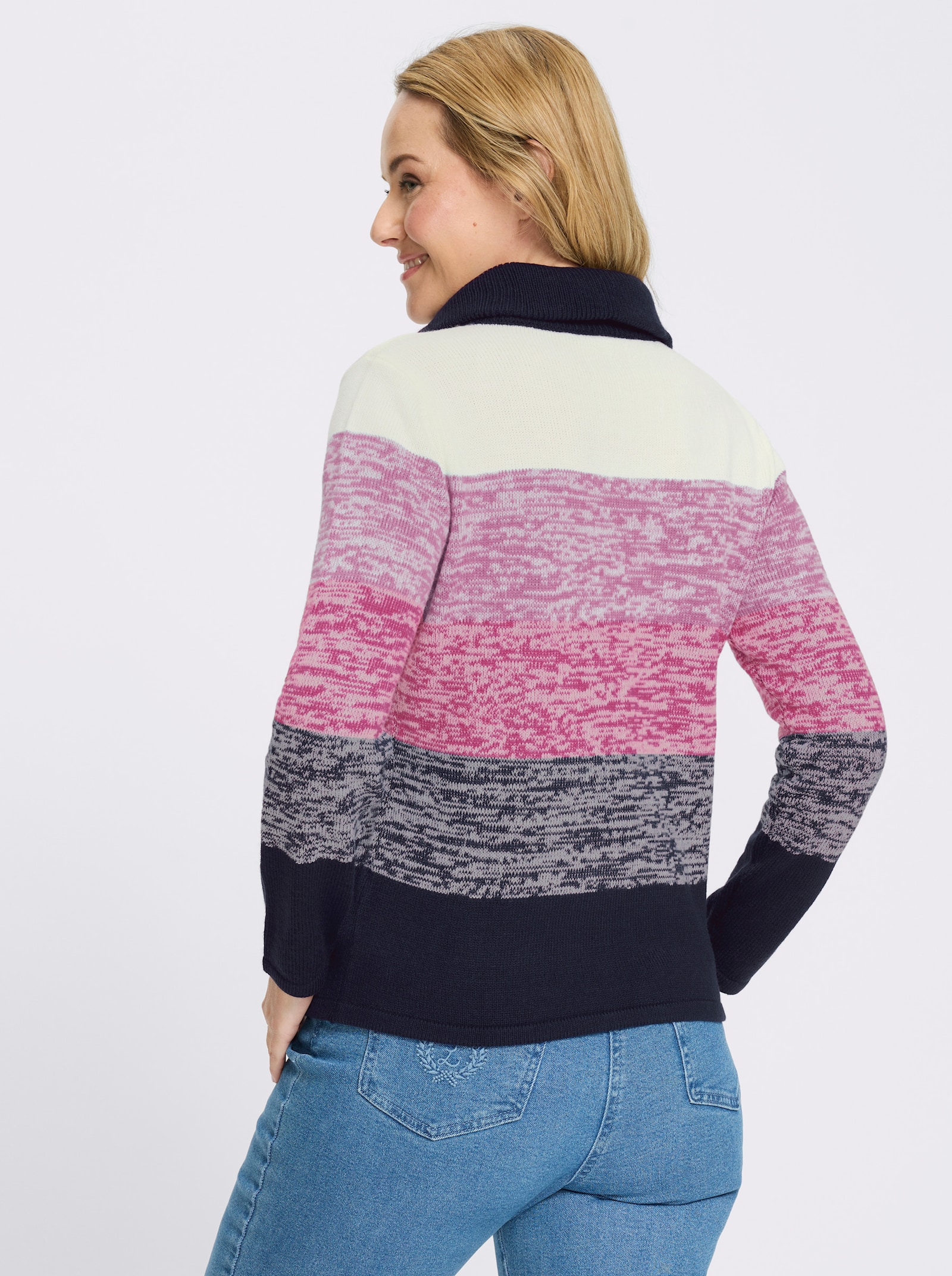 Langarm-Pullover mit kurzem Reißverschluss - magenta-marine-gemustert
