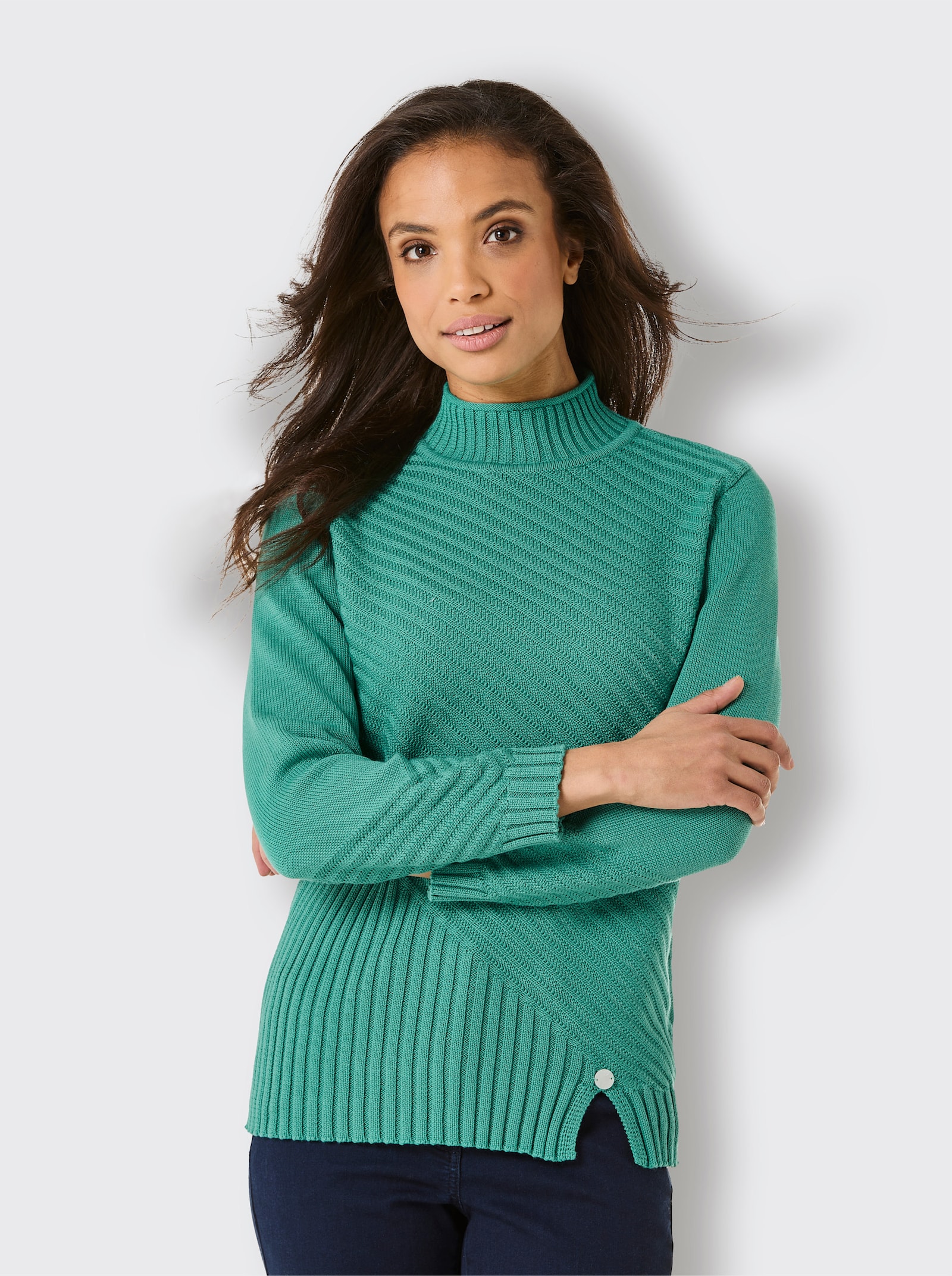 CREATION L PREMIUM Stehkragenpullover Schlitz am Saum - smaragd