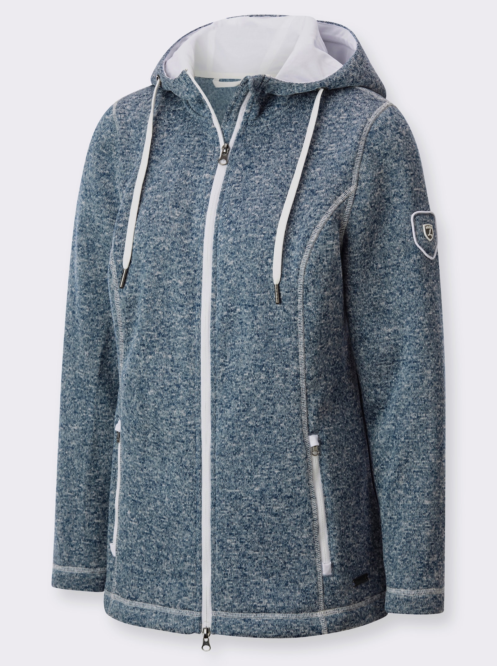 Strickfleece-Jacke mit Kapuze - jeansblau-ecru-meliert