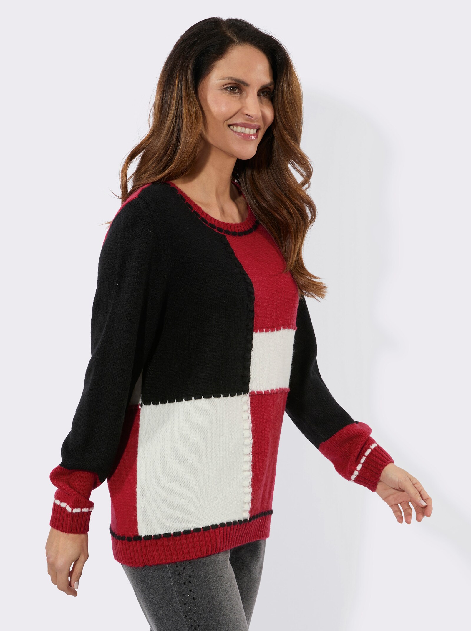 Langarm-Pullover in Colour-Blocking-Optik - rot-schwarz