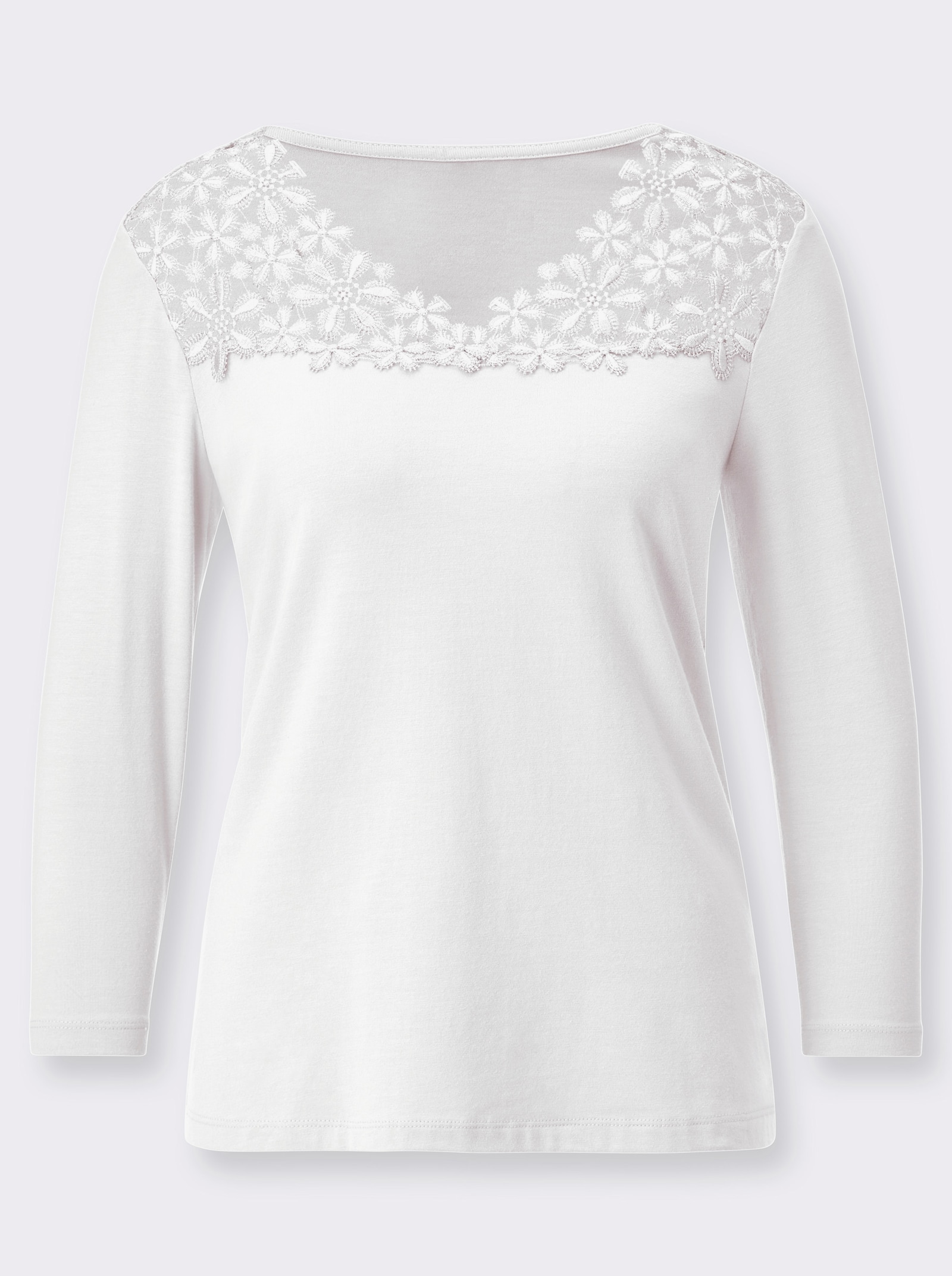 V-Shirt mit Blütenspitze - ecru