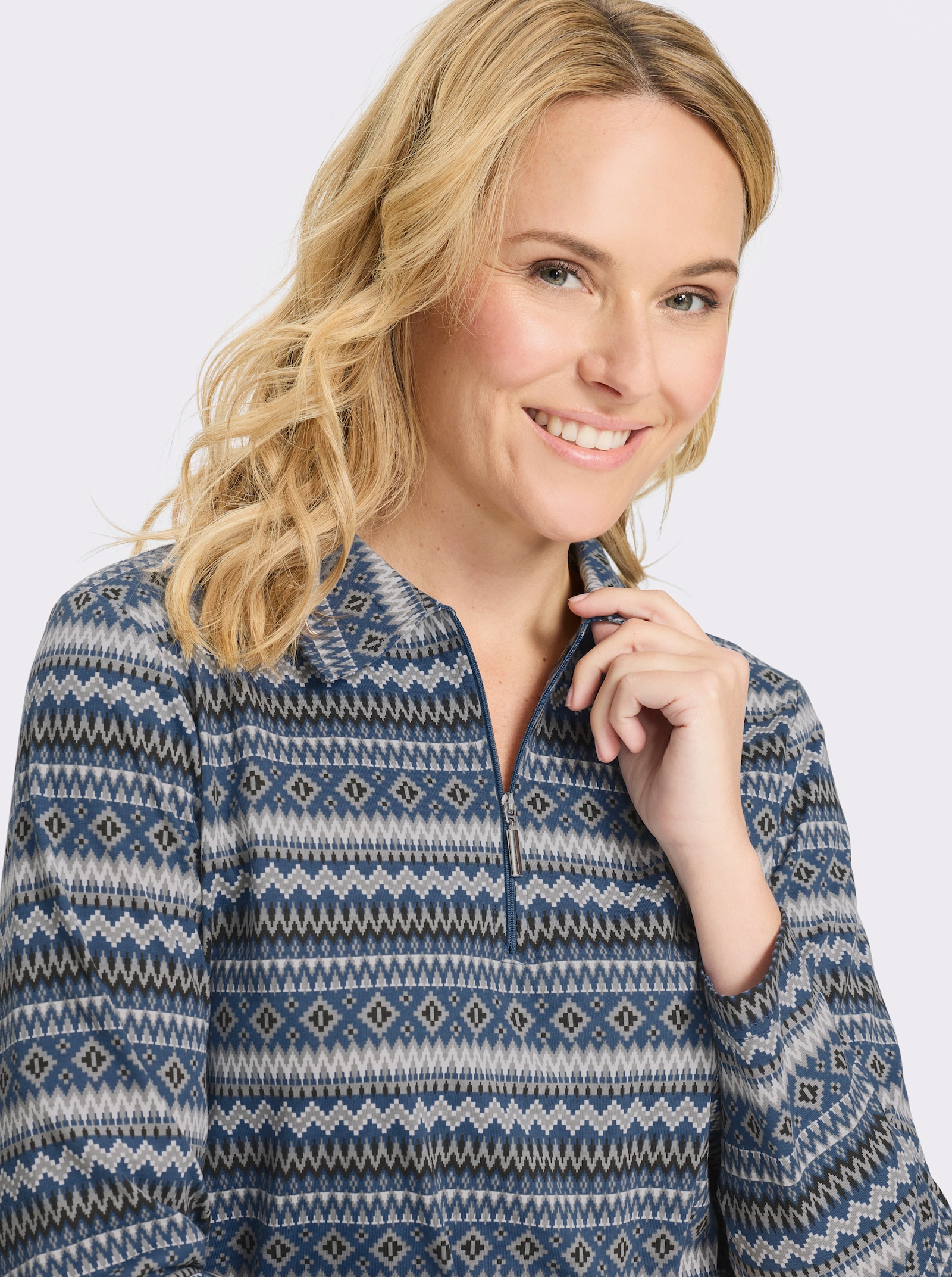 Langarmshirt mit Polokragen - jeansblau-ecru-bedruckt