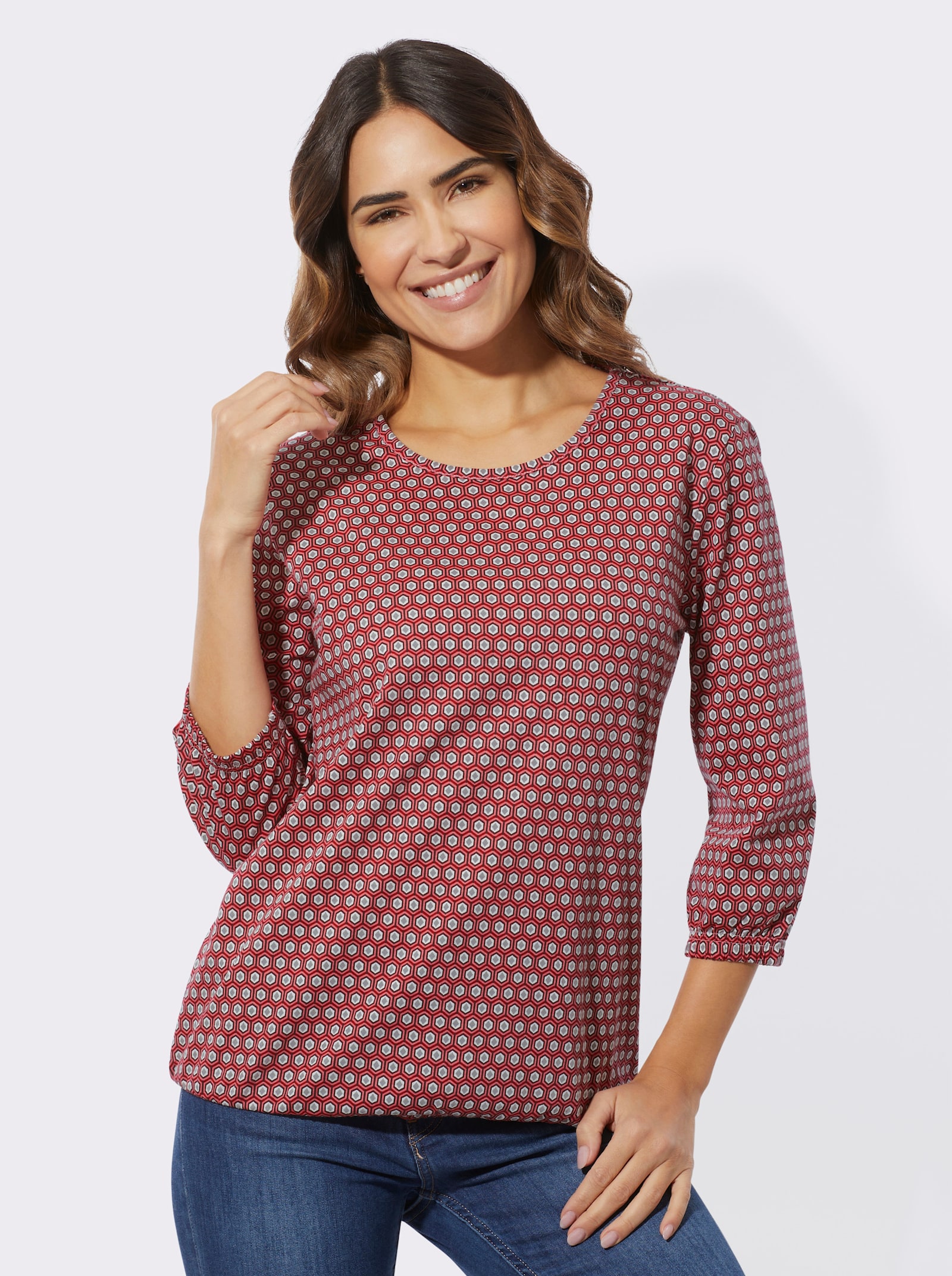 Tričko, 3/4 rukávy, minimal.vzor - Koralovo-burgundská potlač