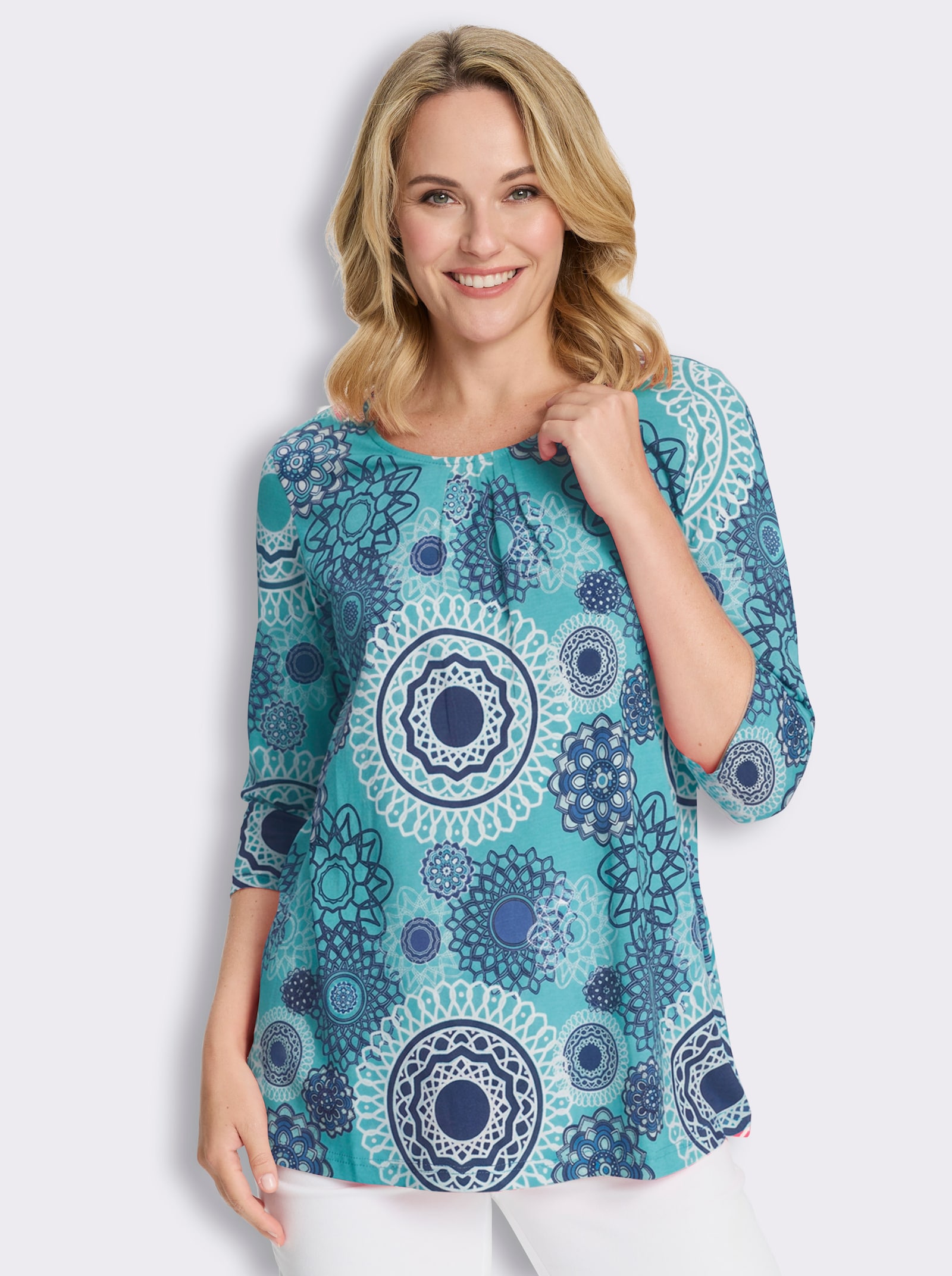 Longshirt mit Falten am Ausschnitt - aquamarin-royalblau-bedruckt